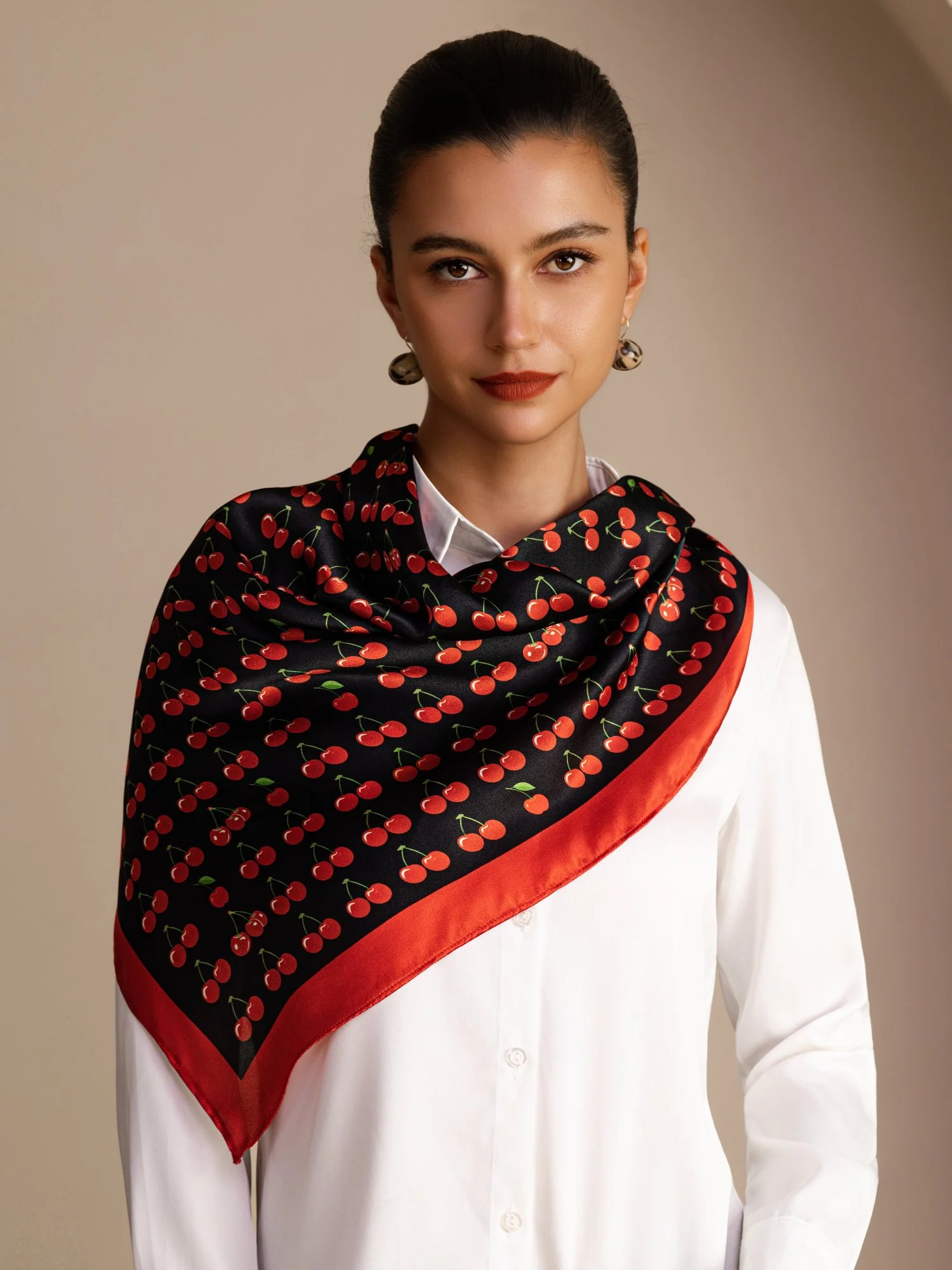 100% Mulberry Silk Cherry Pattern Scarf - Size 90x90cm - Image 2