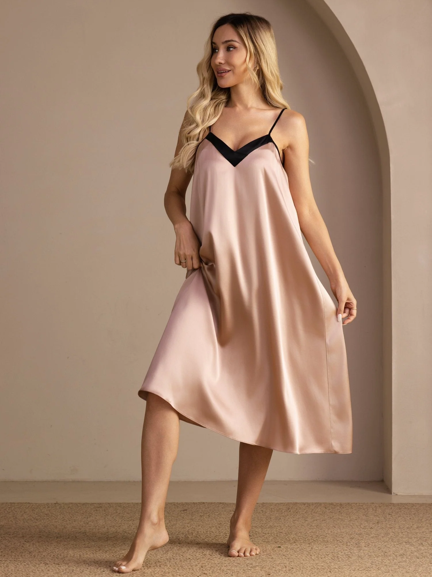 100% Mulberry Silk Contrast V-Neck Spaghetti Strap Midi Nightgown - Image 3
