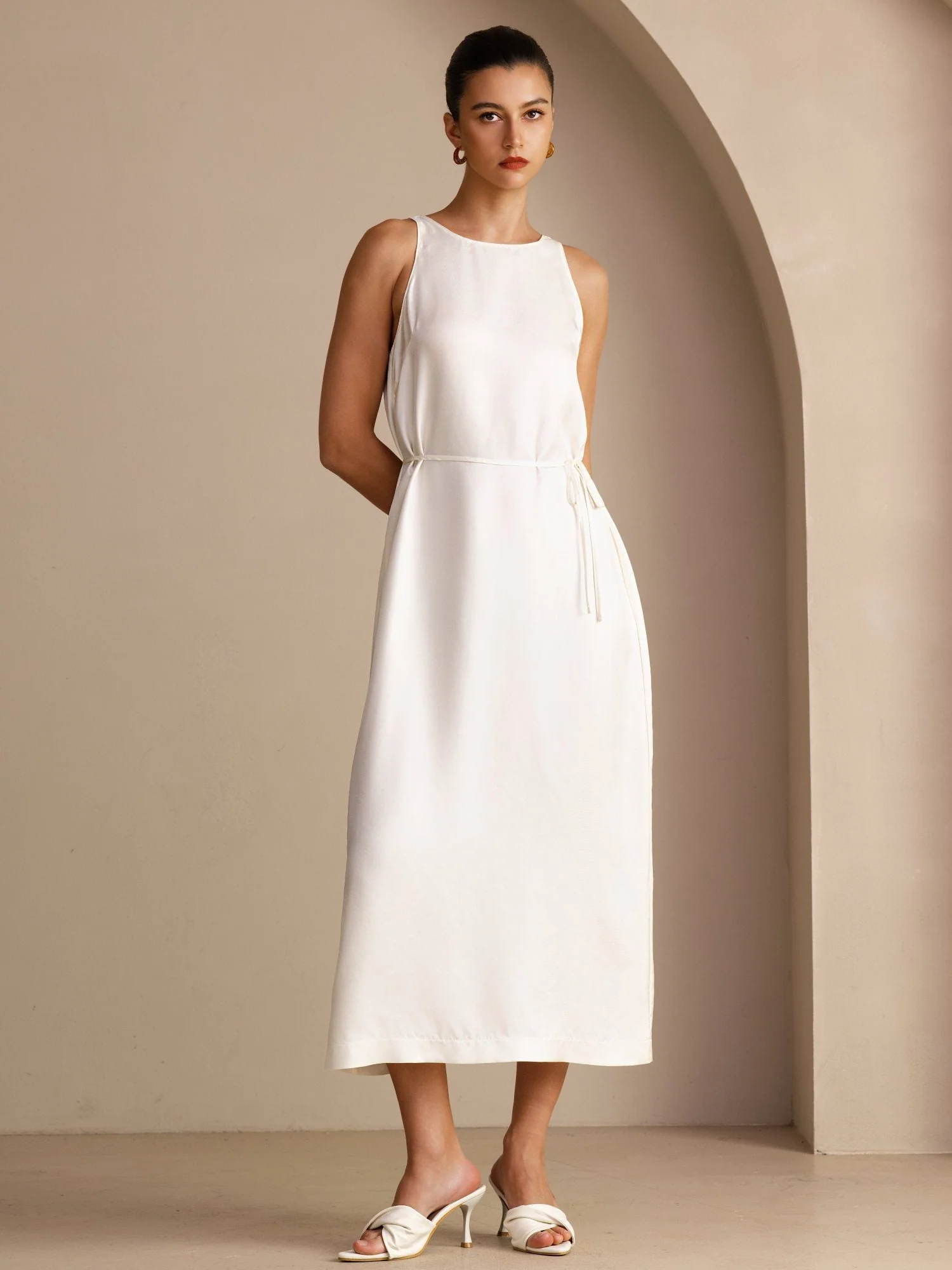 100% Mulberry Silk Crew Neck Sleeveless Self-Tie Midi Dress - Image 10