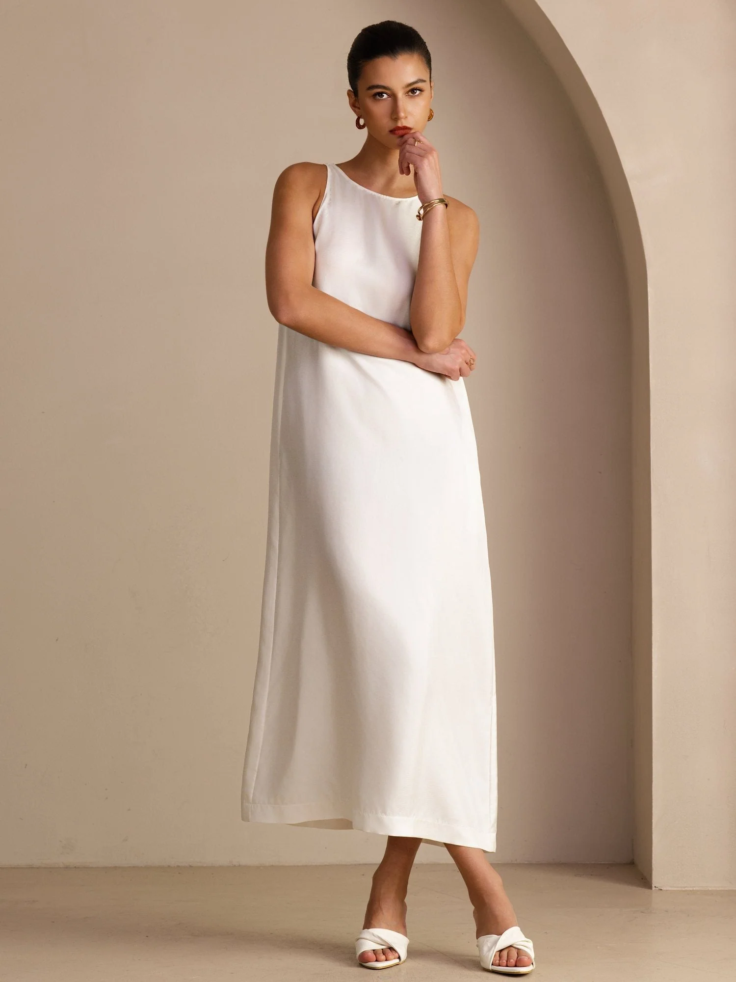 100% Mulberry Silk Crew Neck Sleeveless Self-Tie Midi Dress - Image 13