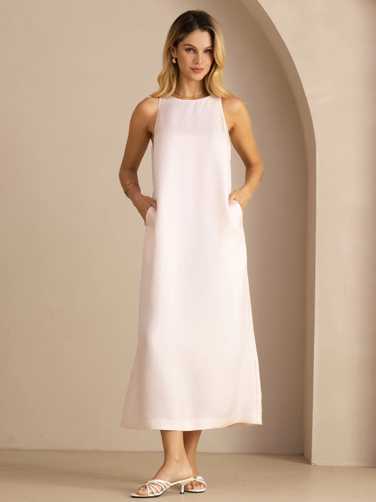 100% Mulberry Silk Crew Neck Sleeveless Self-Tie Midi Dress - Image 14
