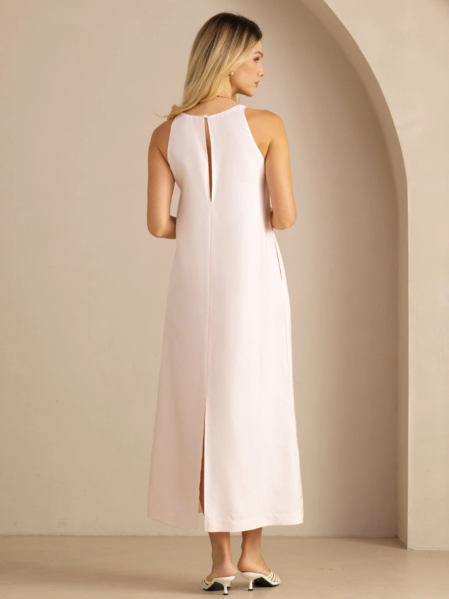 100% Mulberry Silk Crew Neck Sleeveless Self-Tie Midi Dress - Image 15