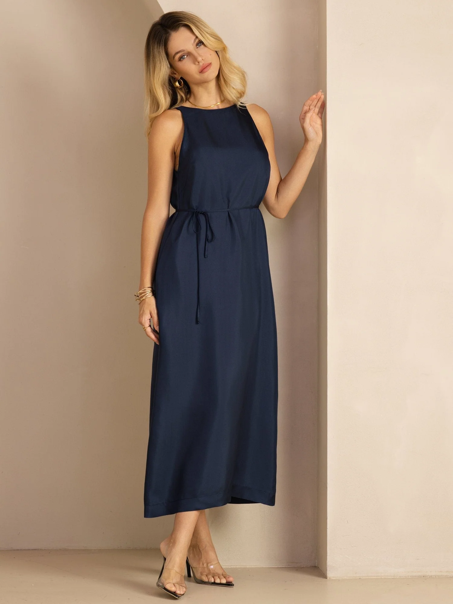 100% Mulberry Silk Crew Neck Sleeveless Self-Tie Midi Dress - Image 4