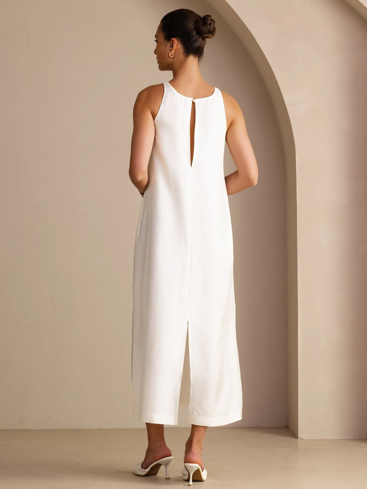 100% Mulberry Silk Crew Neck Sleeveless Self-Tie Midi Dress - Image 9