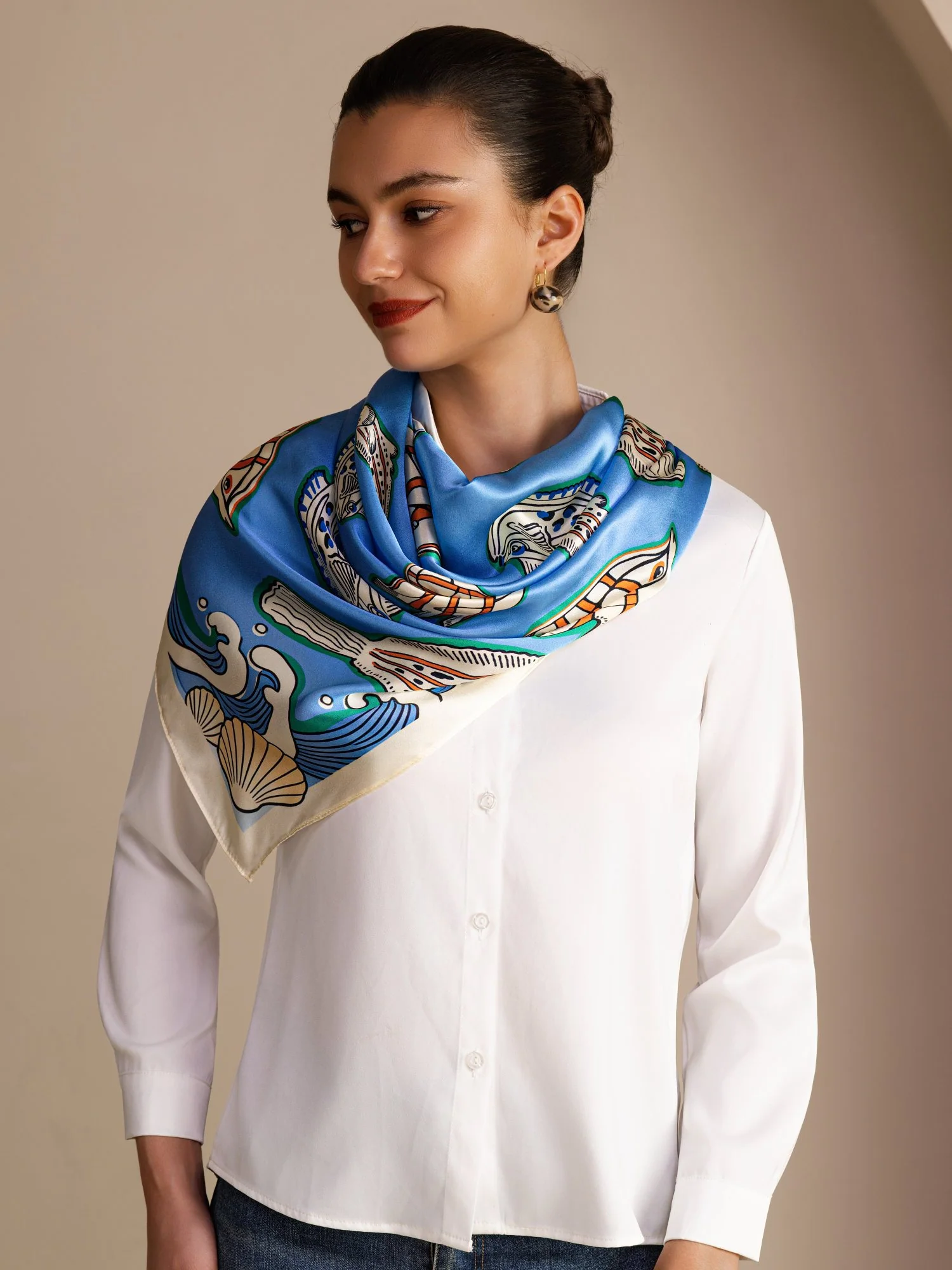 100% Mulberry Silk Fish Pattern Scarf - Size 90x90cm - Image 2