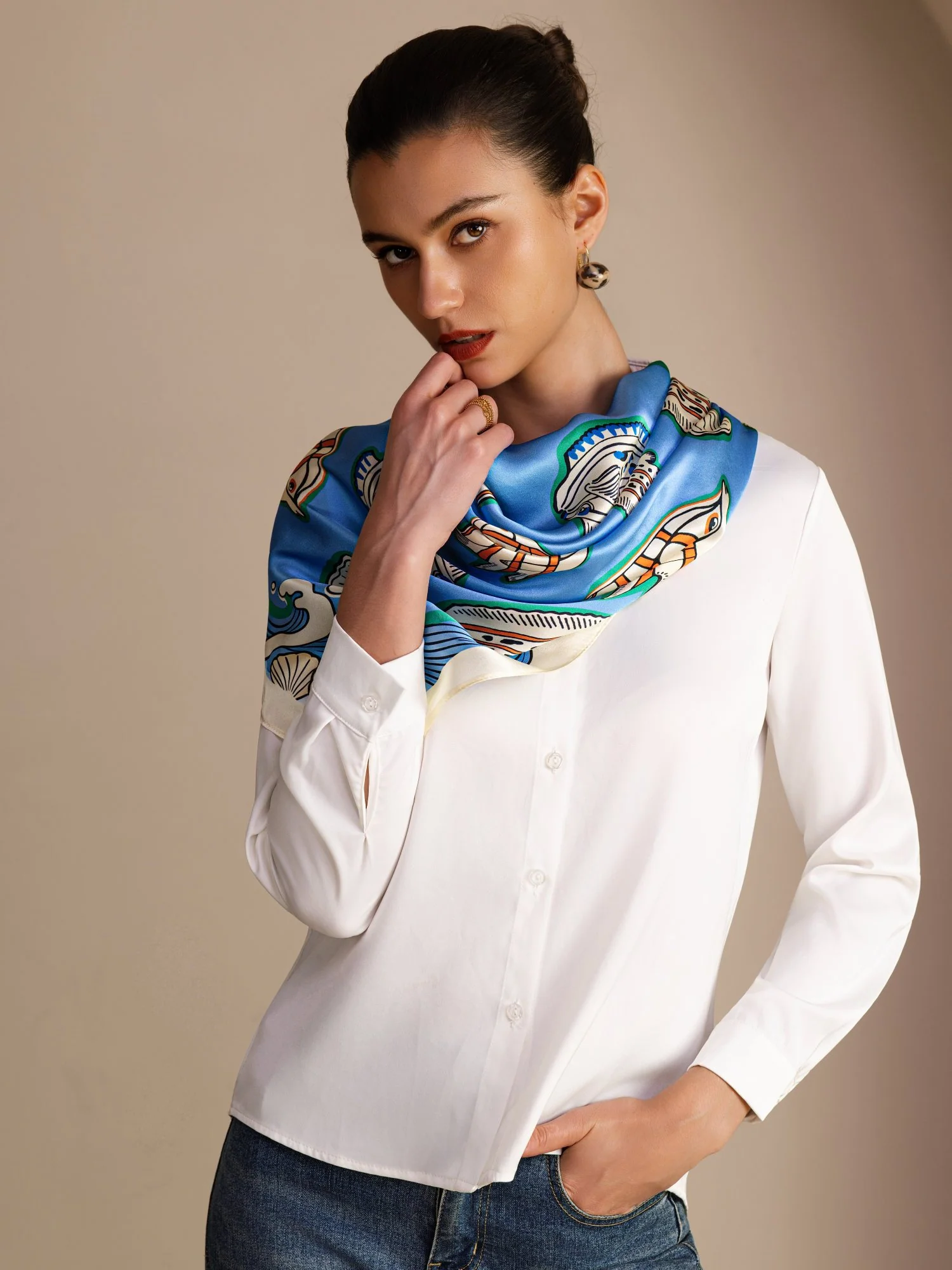 100% Mulberry Silk Fish Pattern Scarf - Size 90x90cm - Image 6