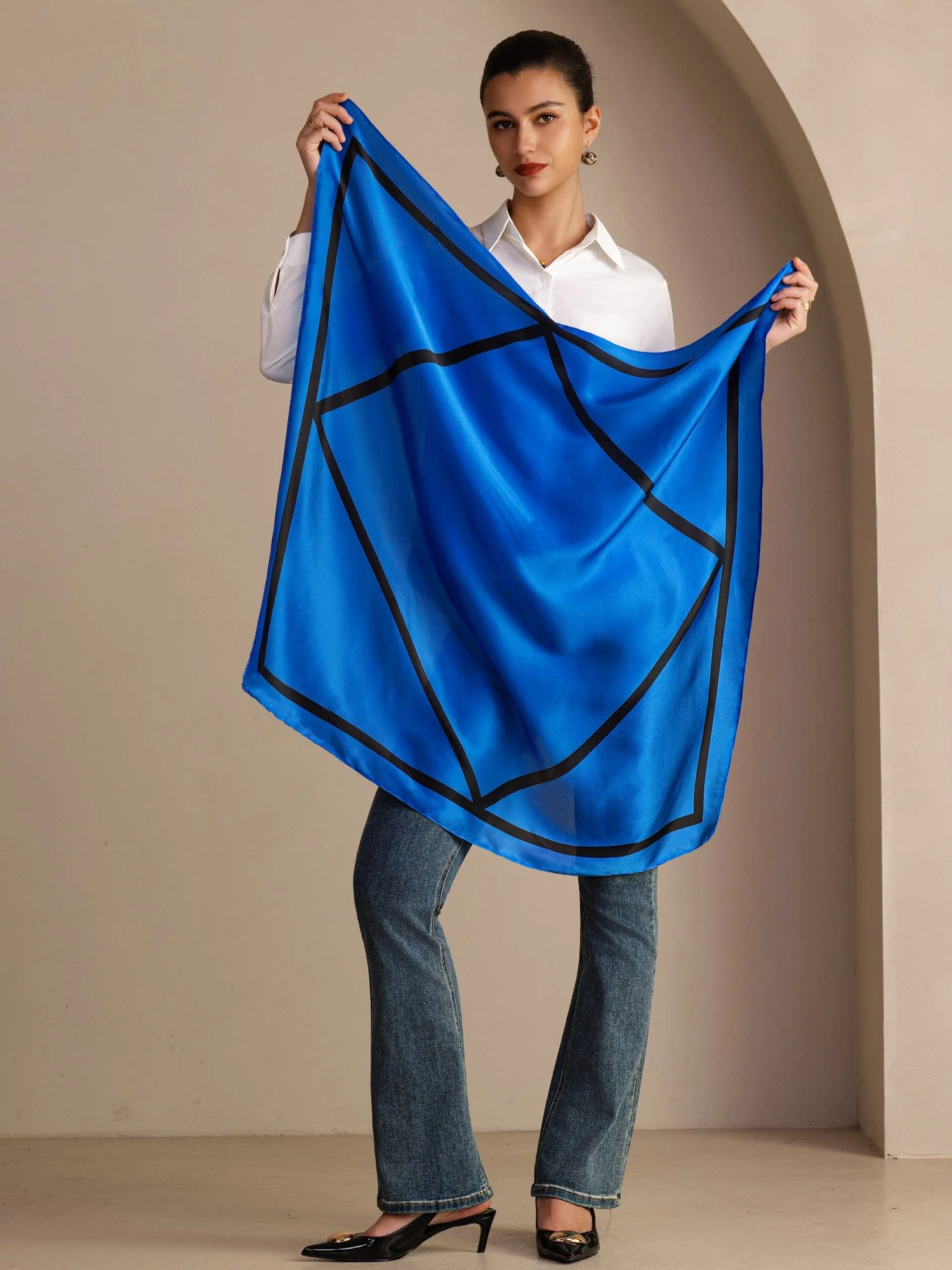 100% Mulberry Silk Geometric Block Pattern Scarf - Size 90x90cm - Image 10