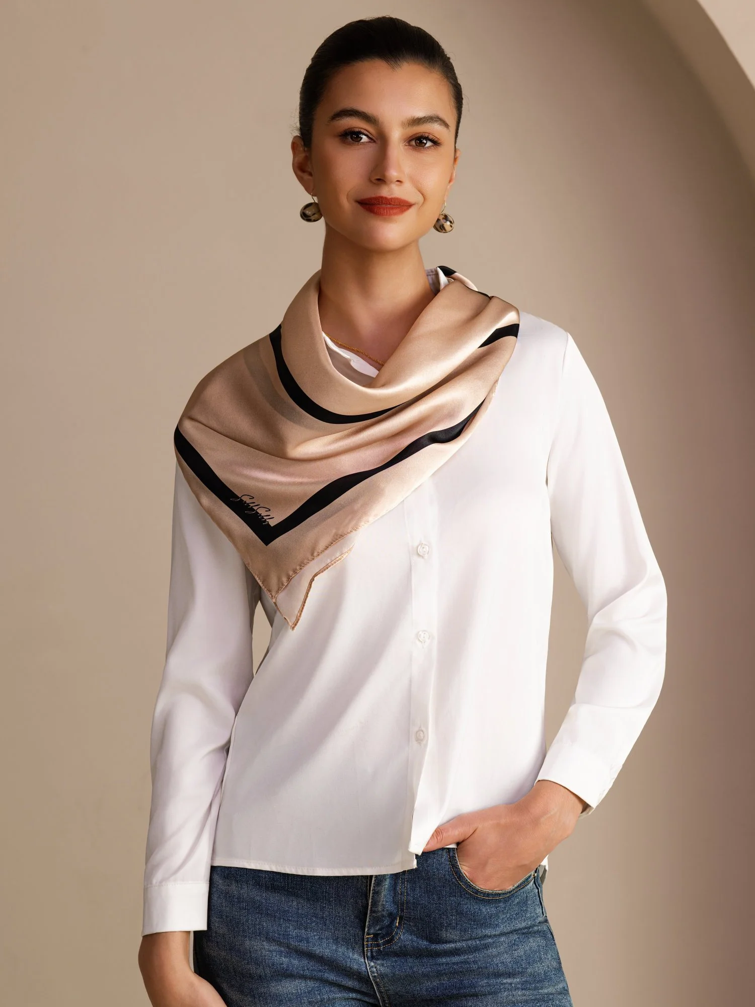 100% Mulberry Silk Geometric Block Pattern Scarf - Size 90x90cm - Image 12