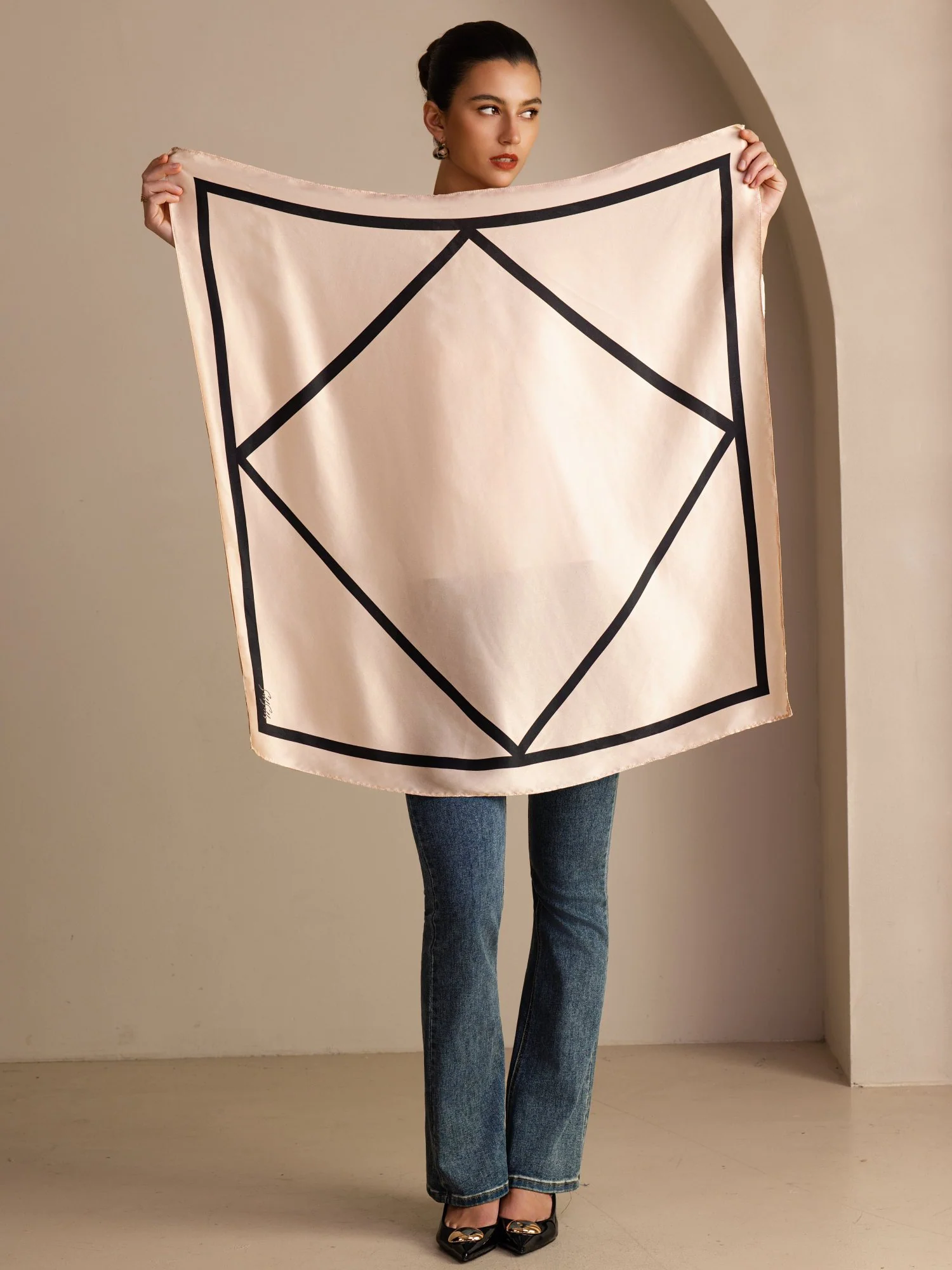 100% Mulberry Silk Geometric Block Pattern Scarf - Size 90x90cm - Image 14