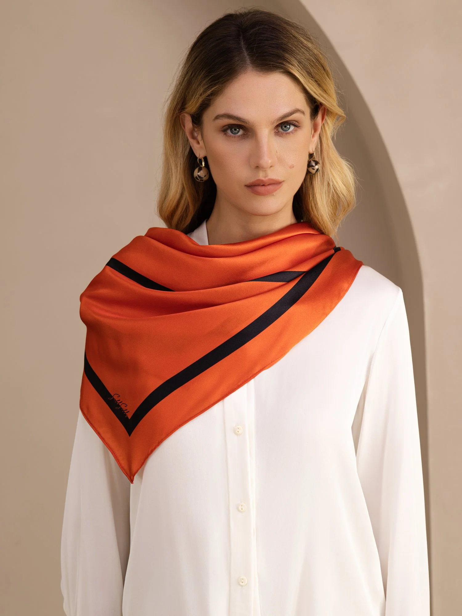 100% Mulberry Silk Geometric Block Pattern Scarf - Size 90x90cm - Image 3