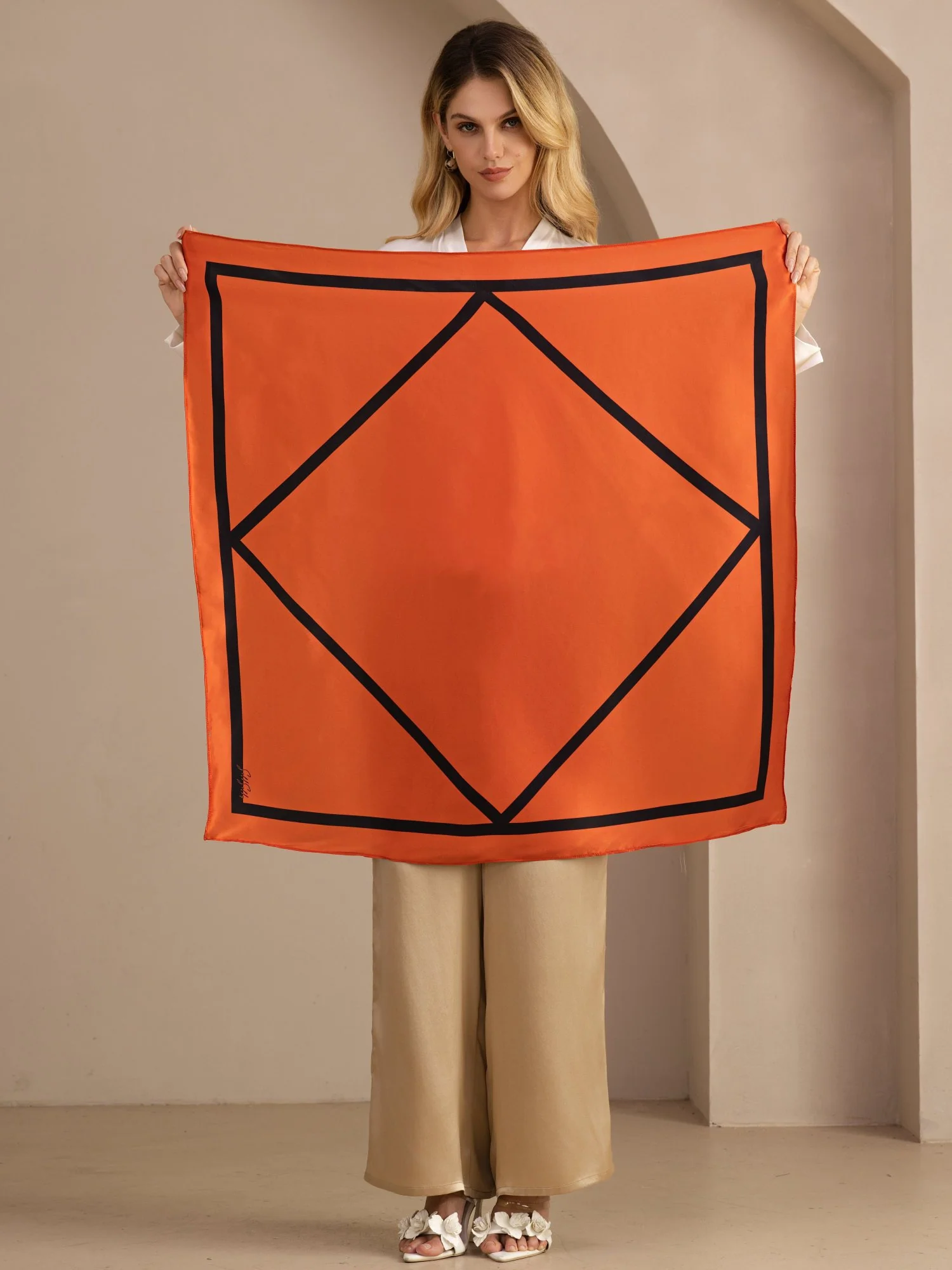 100% Mulberry Silk Geometric Block Pattern Scarf - Size 90x90cm - Image 5