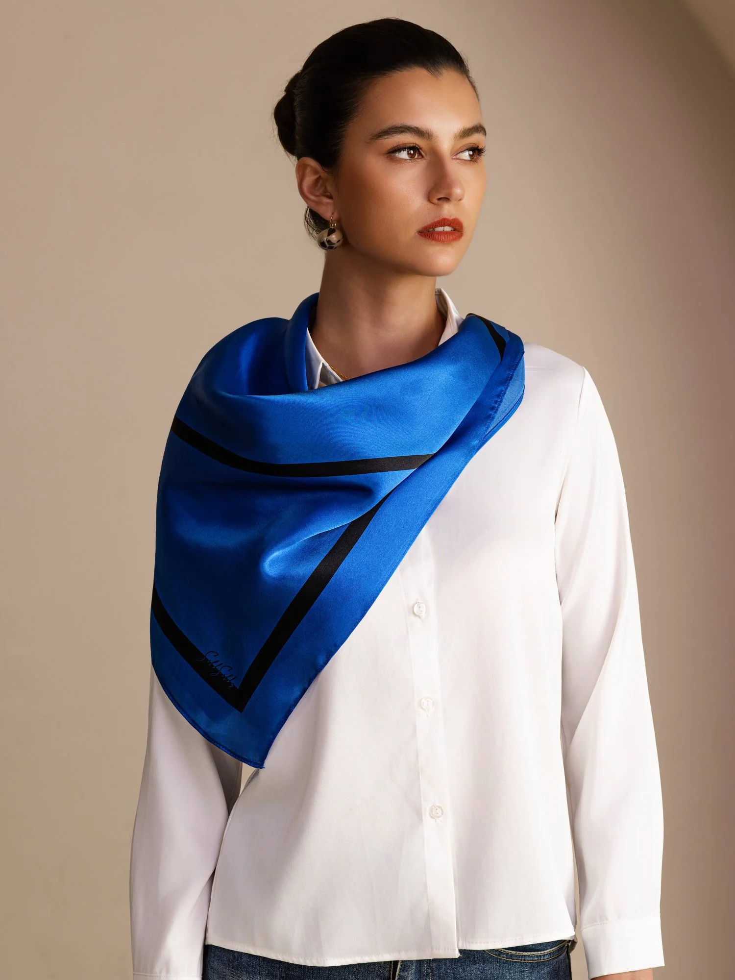 100% Mulberry Silk Geometric Block Pattern Scarf - Size 90x90cm - Image 7