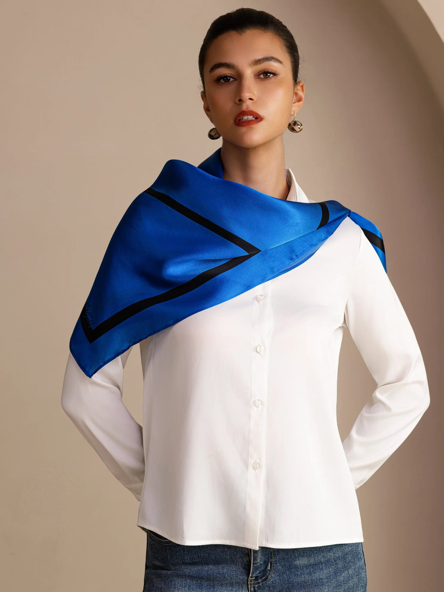 100% Mulberry Silk Geometric Block Pattern Scarf - Size 90x90cm - Image 8