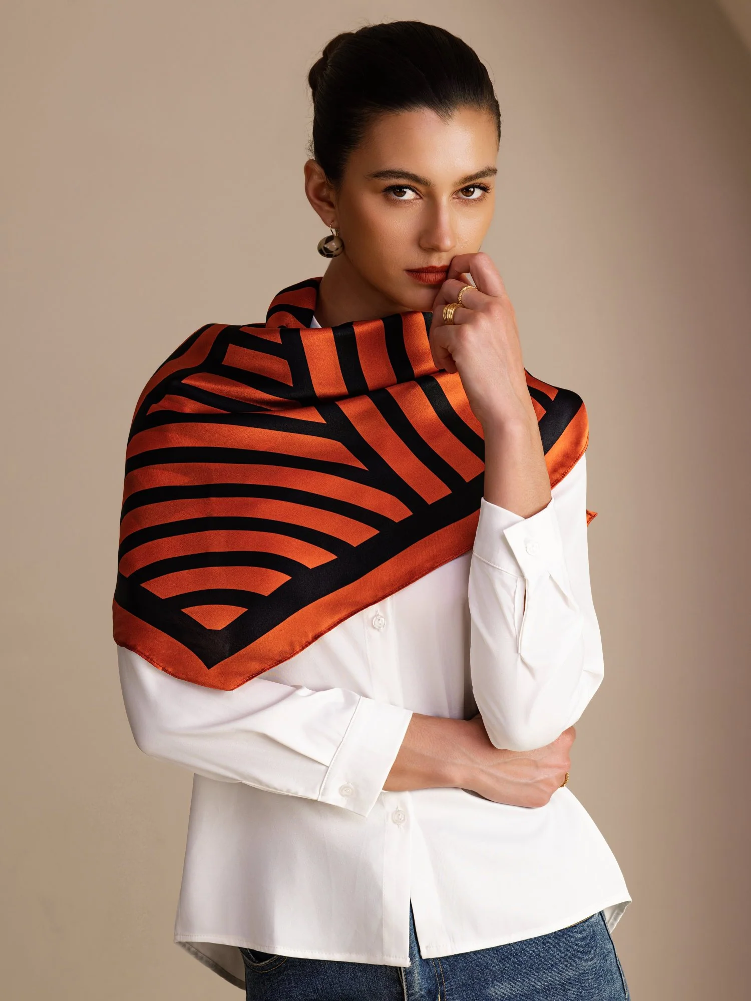 100% Mulberry Silk Semicircular Geometry Printed Scarf - Size 90x90cm - Image 16