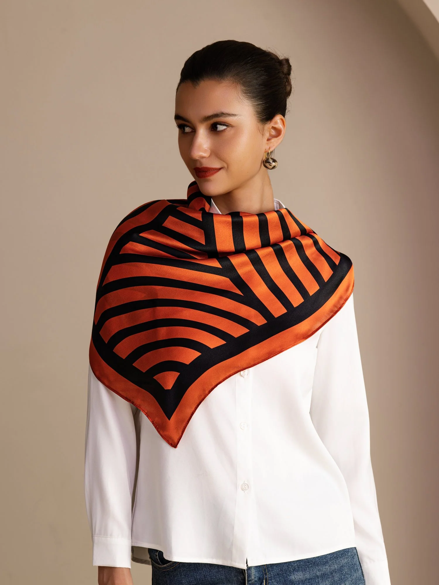 100% Mulberry Silk Semicircular Geometry Printed Scarf - Size 90x90cm - Image 17