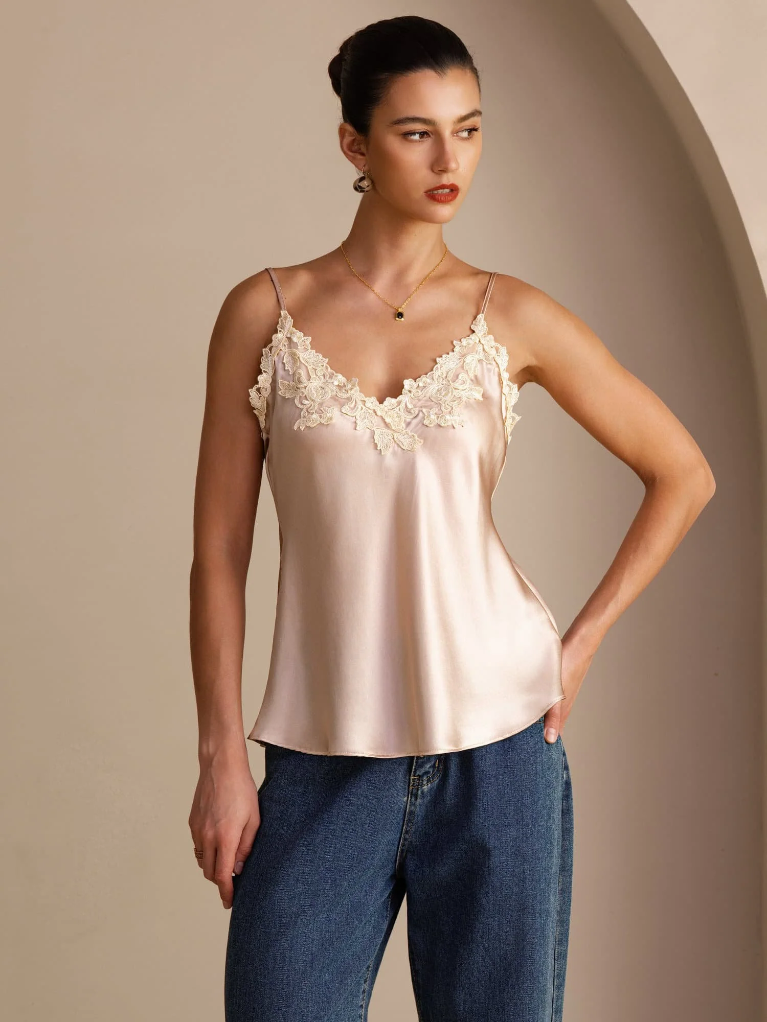 100% Mulberry Silk Spaghetti Strap V-neck Lace Camisole Top - Image 14