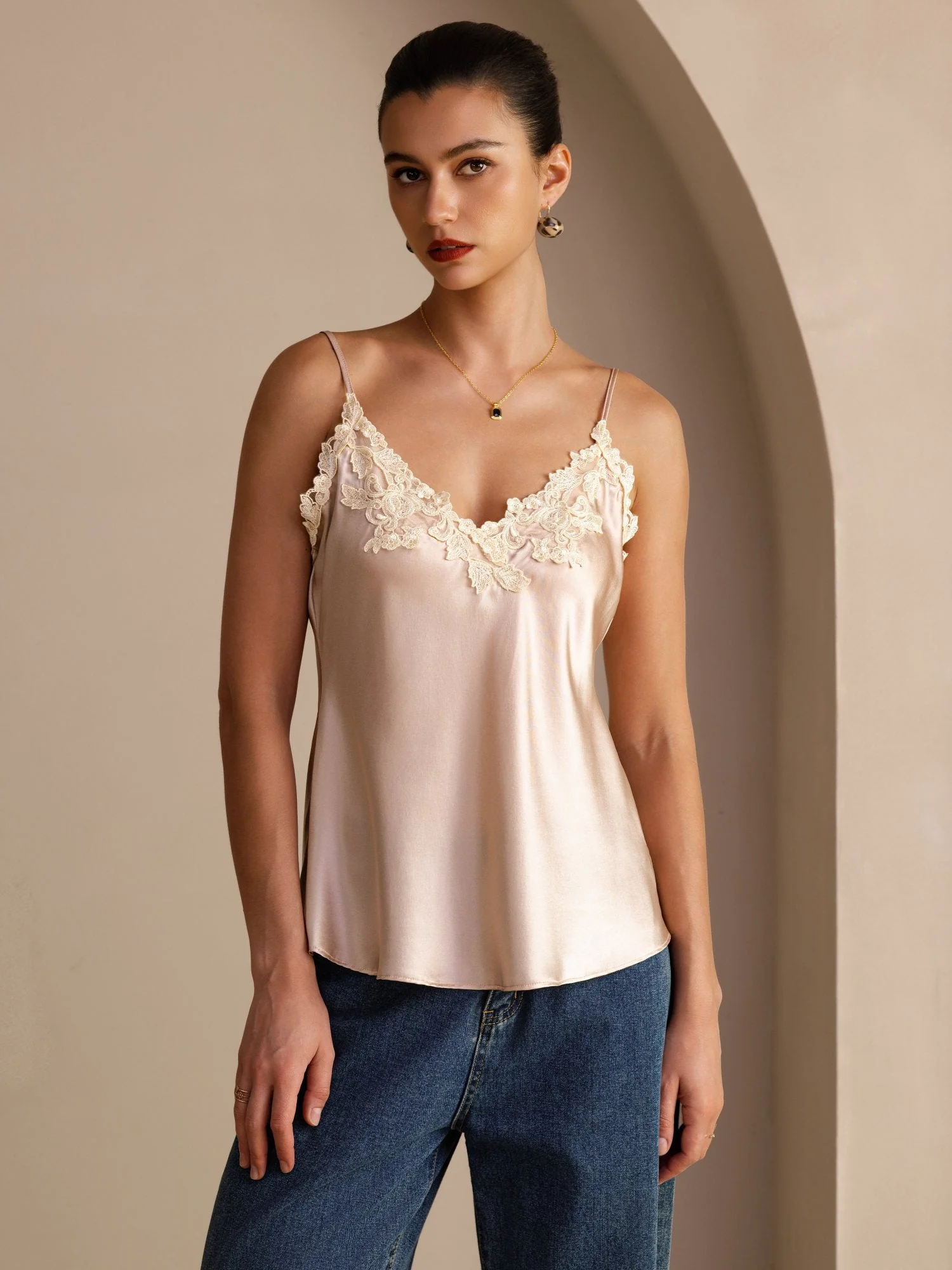 100% Mulberry Silk Spaghetti Strap V-neck Lace Camisole Top - Image 16