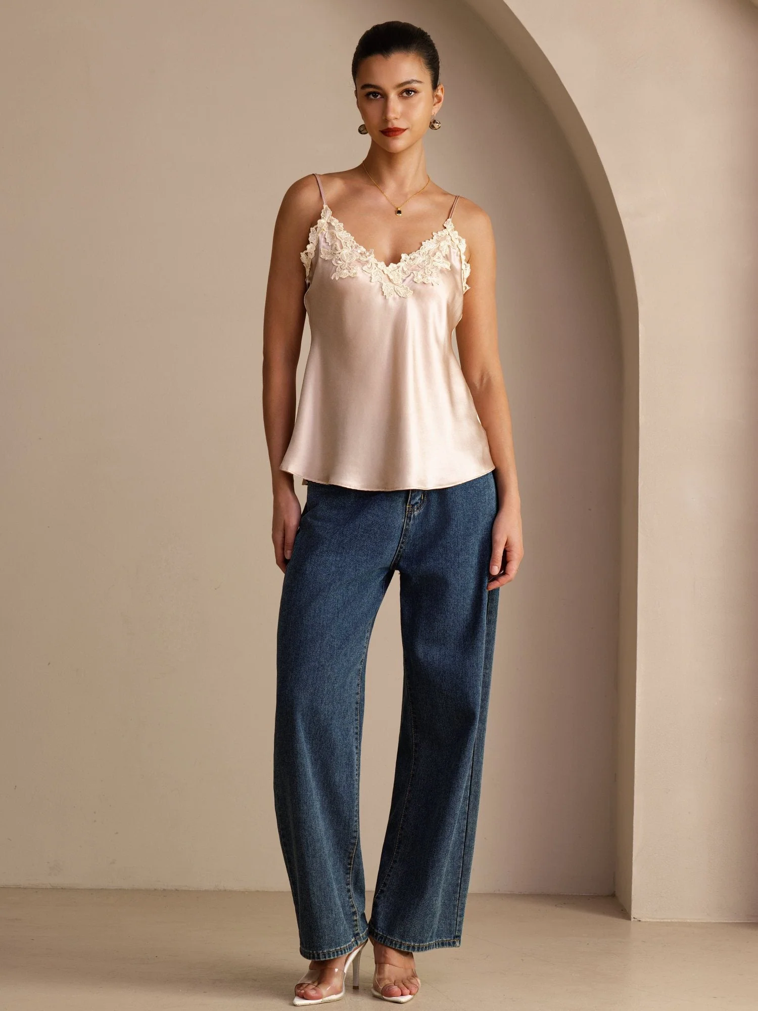 100% Mulberry Silk Spaghetti Strap V-neck Lace Camisole Top - Image 19