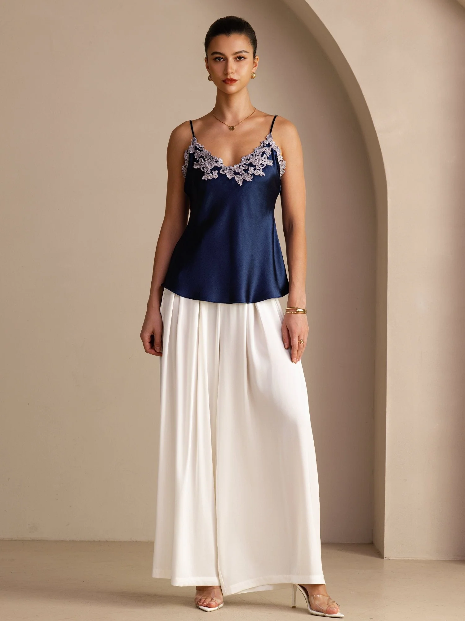 100% Mulberry Silk Spaghetti Strap V-neck Lace Camisole Top - Image 6
