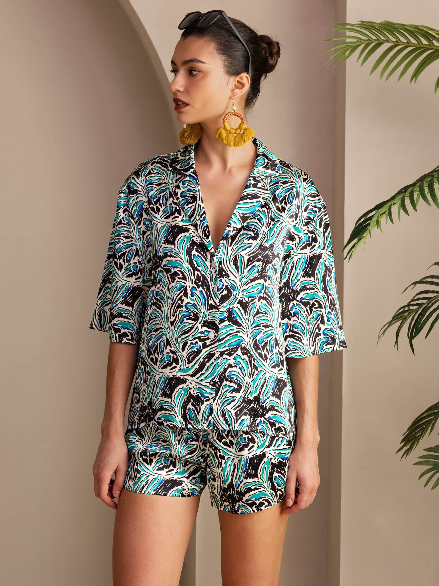 100% Mulberry Silk Women's Botanical Print Short Sleeve Button Up Pajamas Set - Image 3