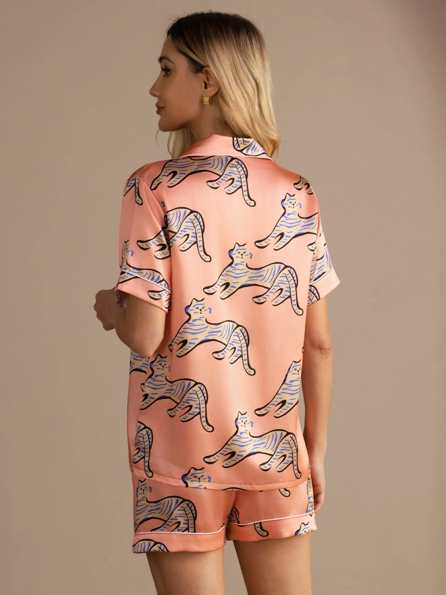 100% Mulberry Silk Women's Cat Print Short Sleeve Button Up Pajama Set - Image 2