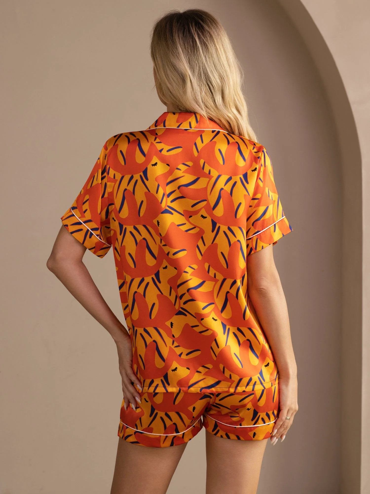 100% Mulberry Silk Women's Dog Print Short Sleeve Button Up Pajama Set - Image 2
