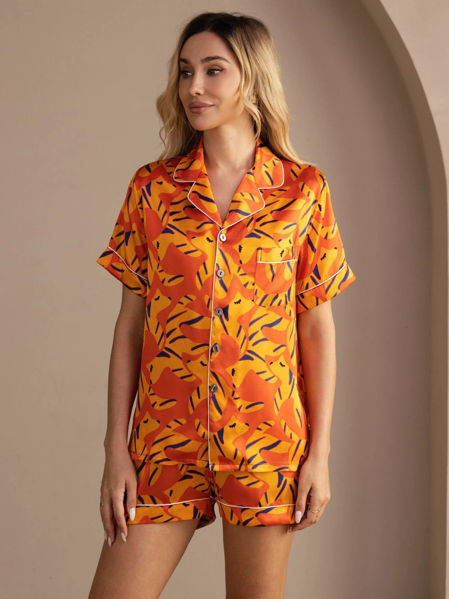 100% Mulberry Silk Women's Dog Print Short Sleeve Button Up Pajama Set - Image 3