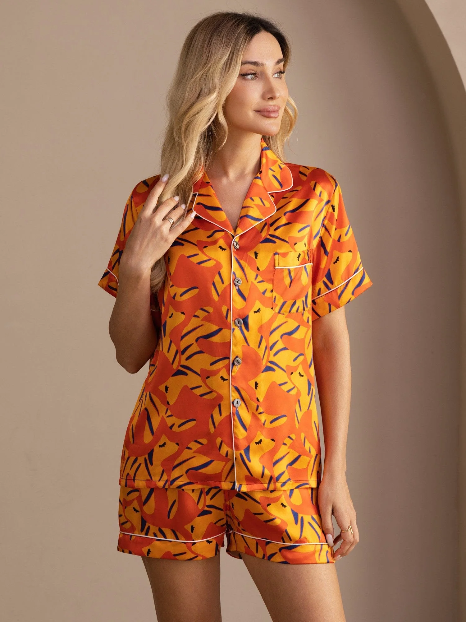 100% Mulberry Silk Women's Dog Print Short Sleeve Button Up Pajama Set - Image 5