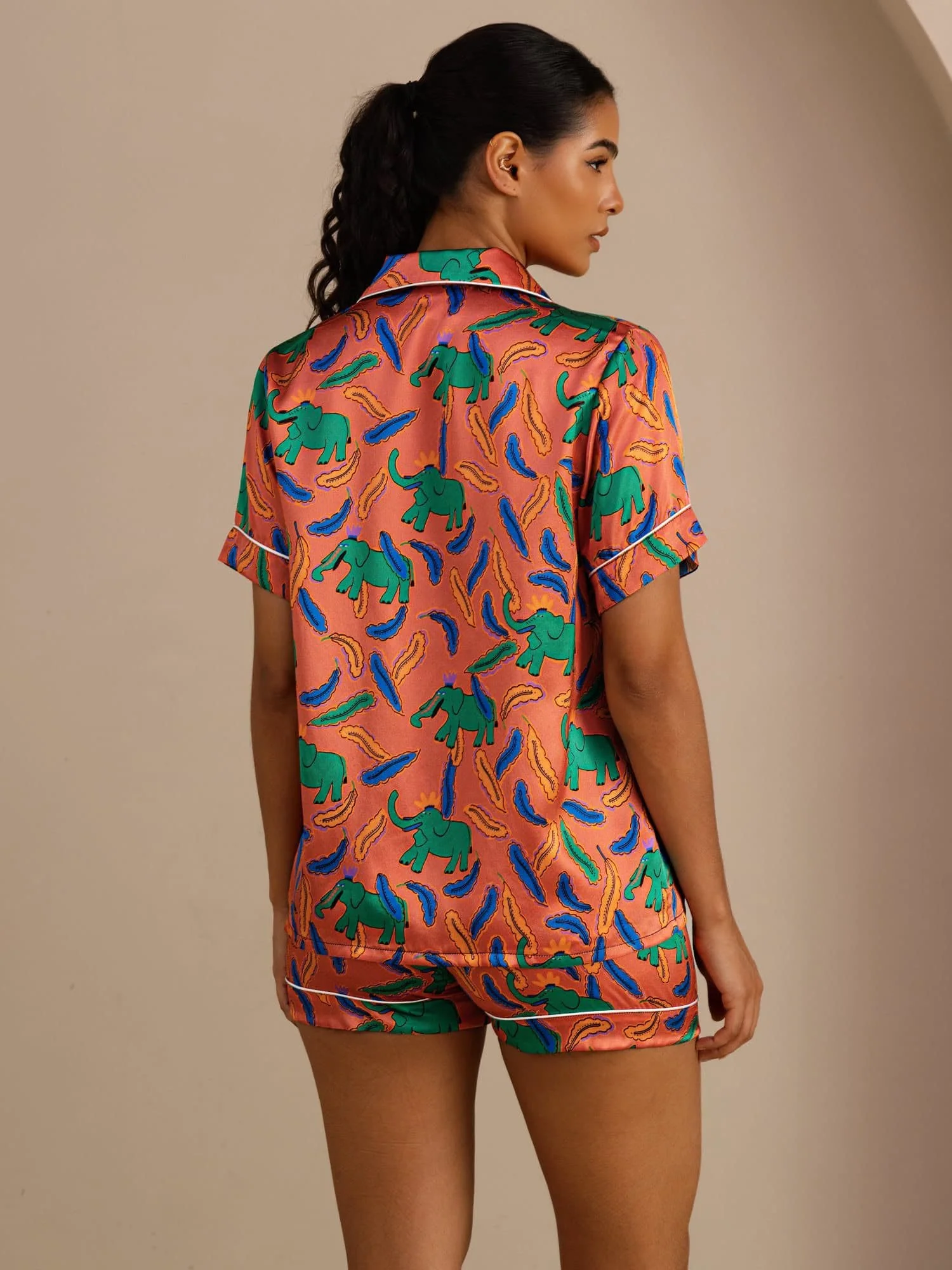 100% Mulberry Silk Women's Elephant Print Short Sleeve Button Up Pajama Set - Image 2