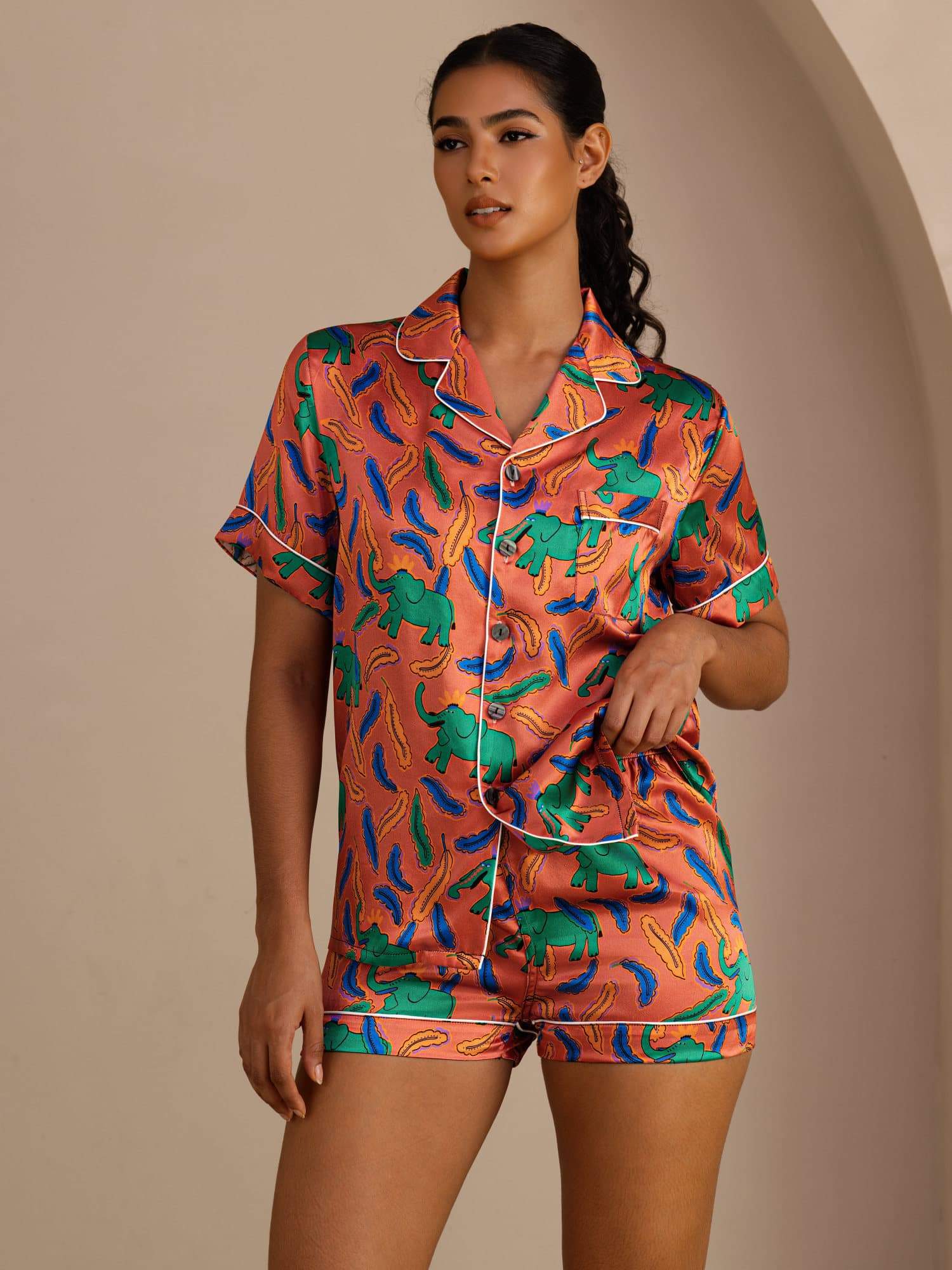100% Mulberry Silk Women's Elephant Print Short Sleeve Button Up Pajama Set - Image 3