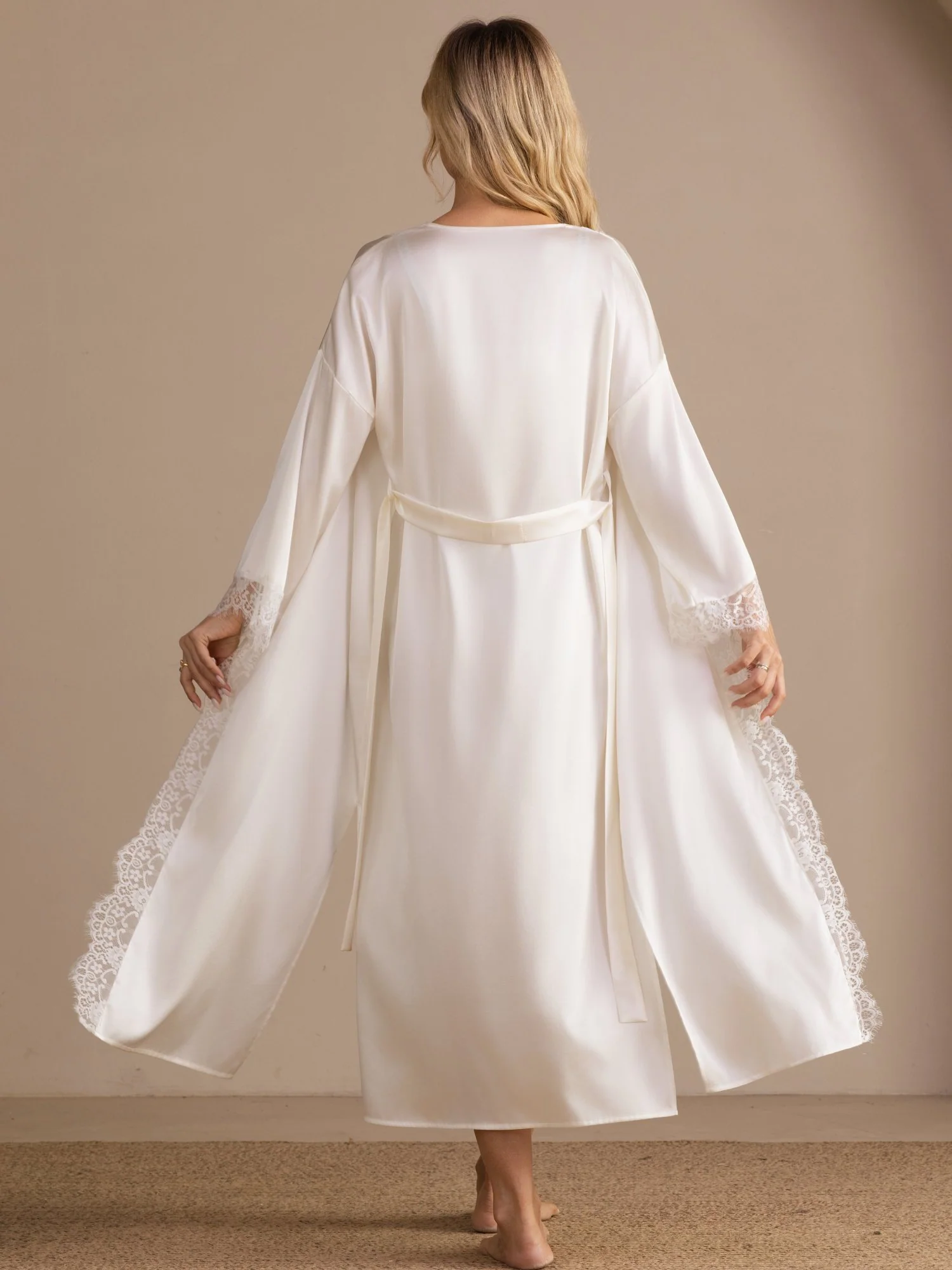 100% Mulberry Silk Women's Kimono Sleeves Lace Trim Midi Robe for Bridal - Image 2
