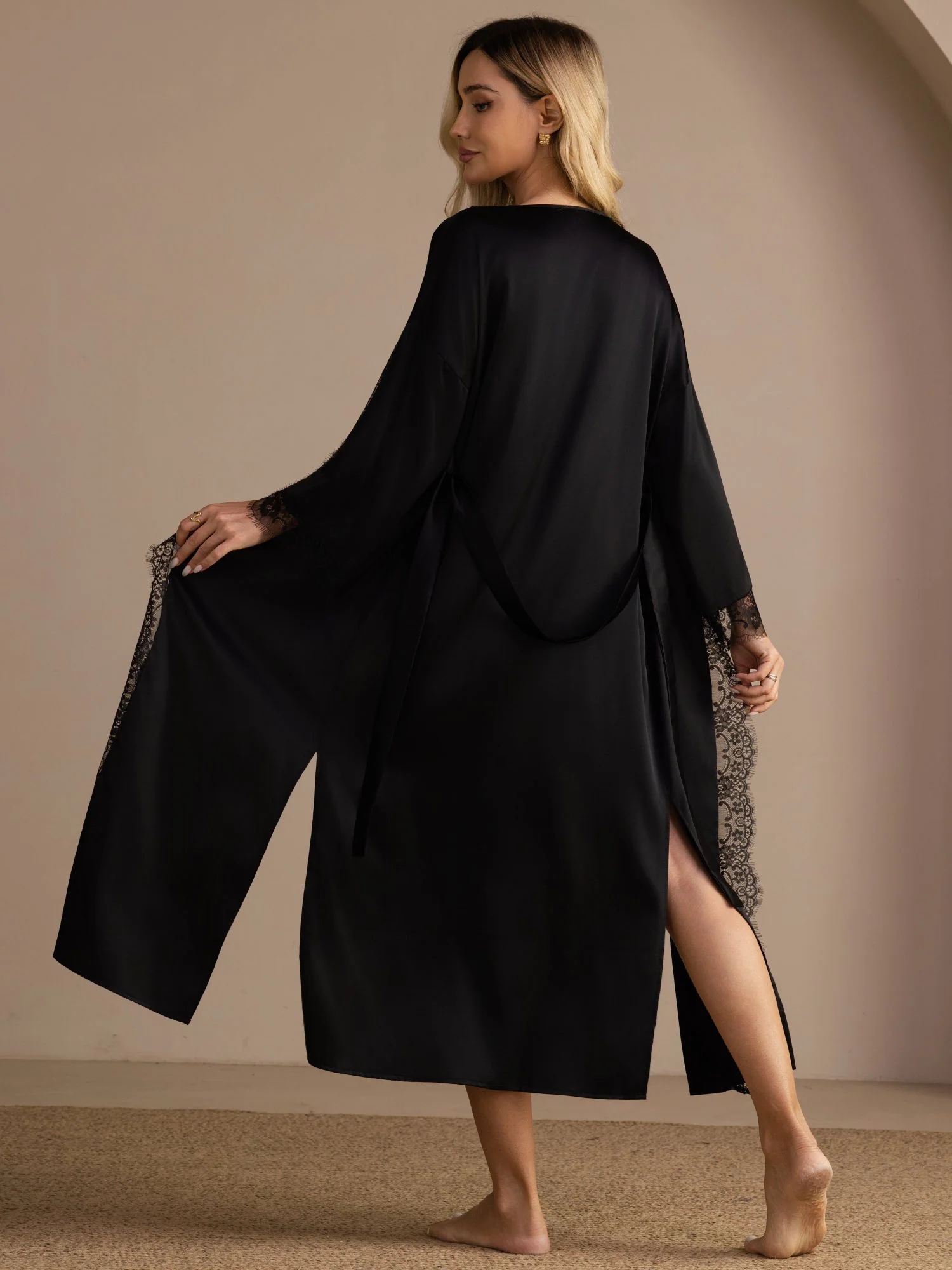 100% Mulberry Silk Women's Kimono Sleeves Lace Trim Midi Robe for Bridal - Image 9