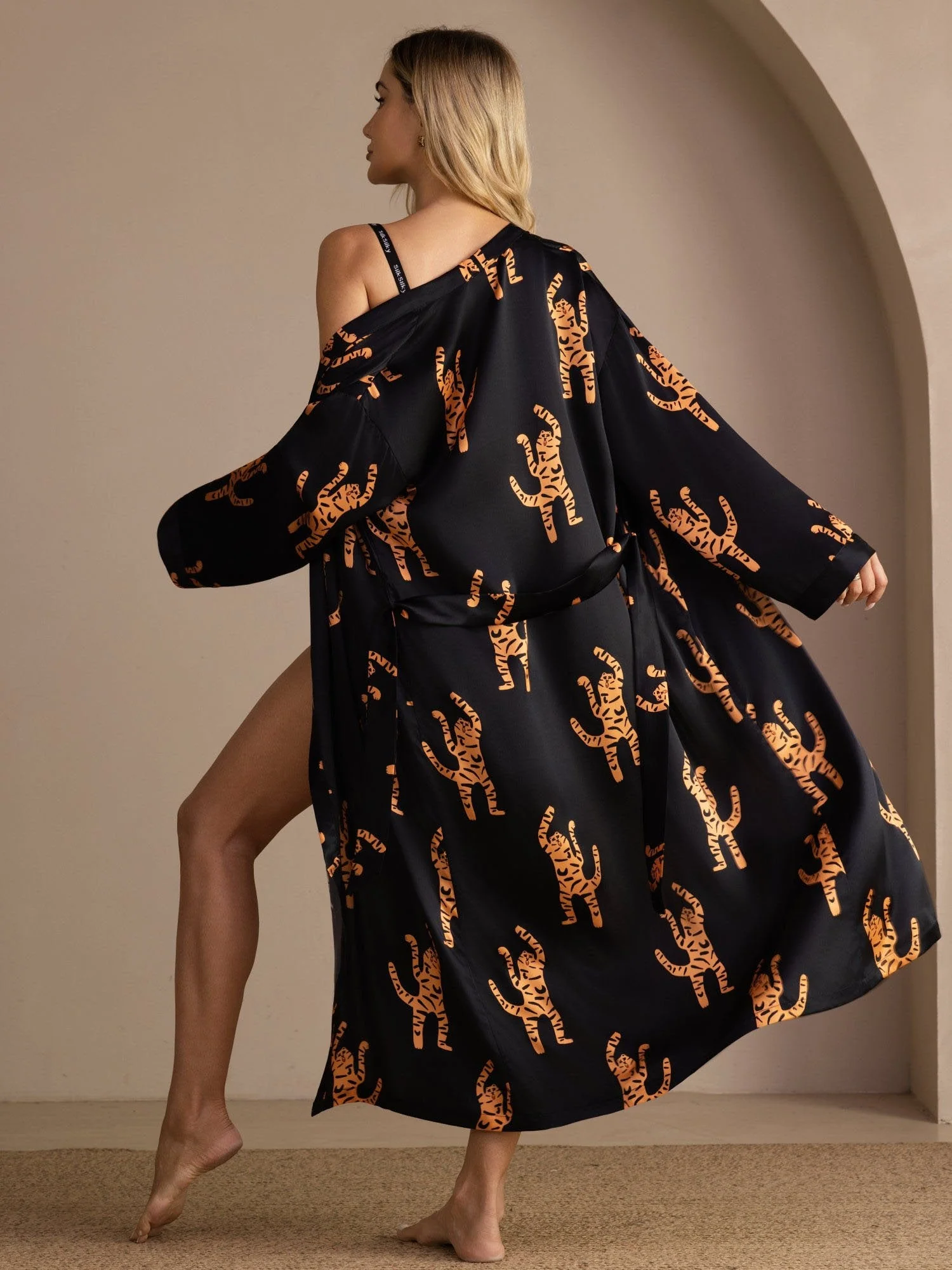 100% Mulberry Silk Women’s Midi Length Tiger Printed Robe With Belted Design - Image 2