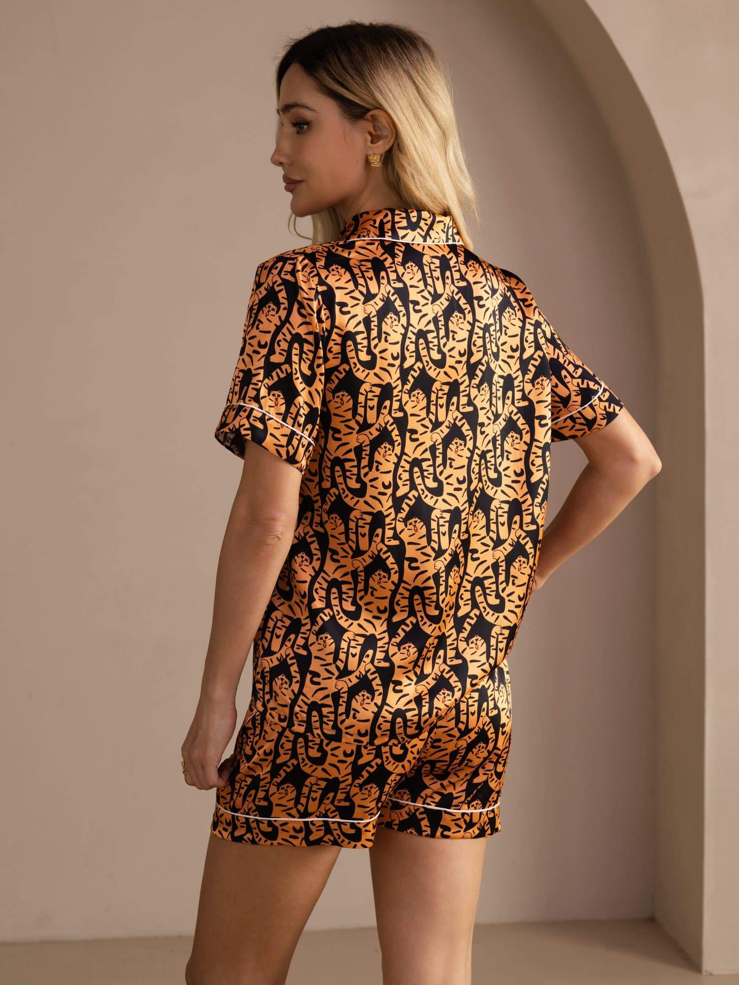 100% Mulberry Silk Women's Tiger Print Short Sleeve Button Up Pajama Set - Image 2