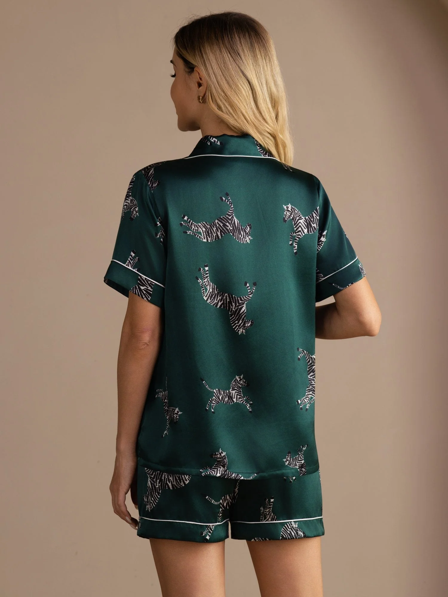100% Mulberry Silk Women's Zebra Print Short Sleeve Button Up Pajama Set - Image 2