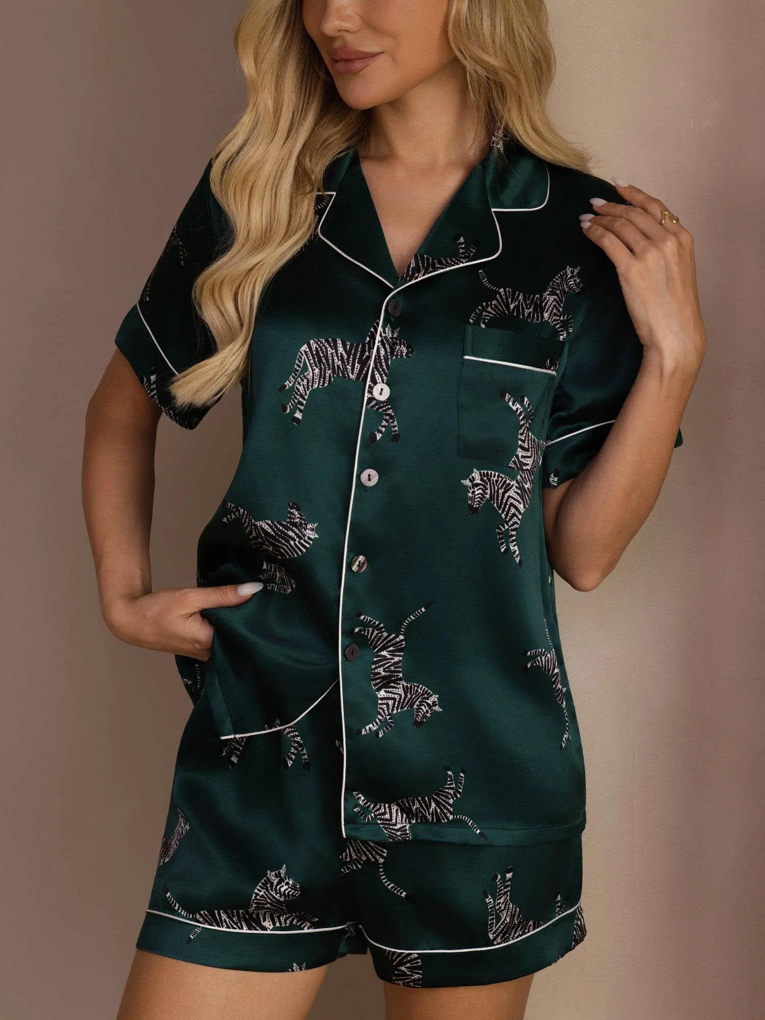 100% Mulberry Silk Women's Zebra Print Short Sleeve Button Up Pajama Set - Image 5