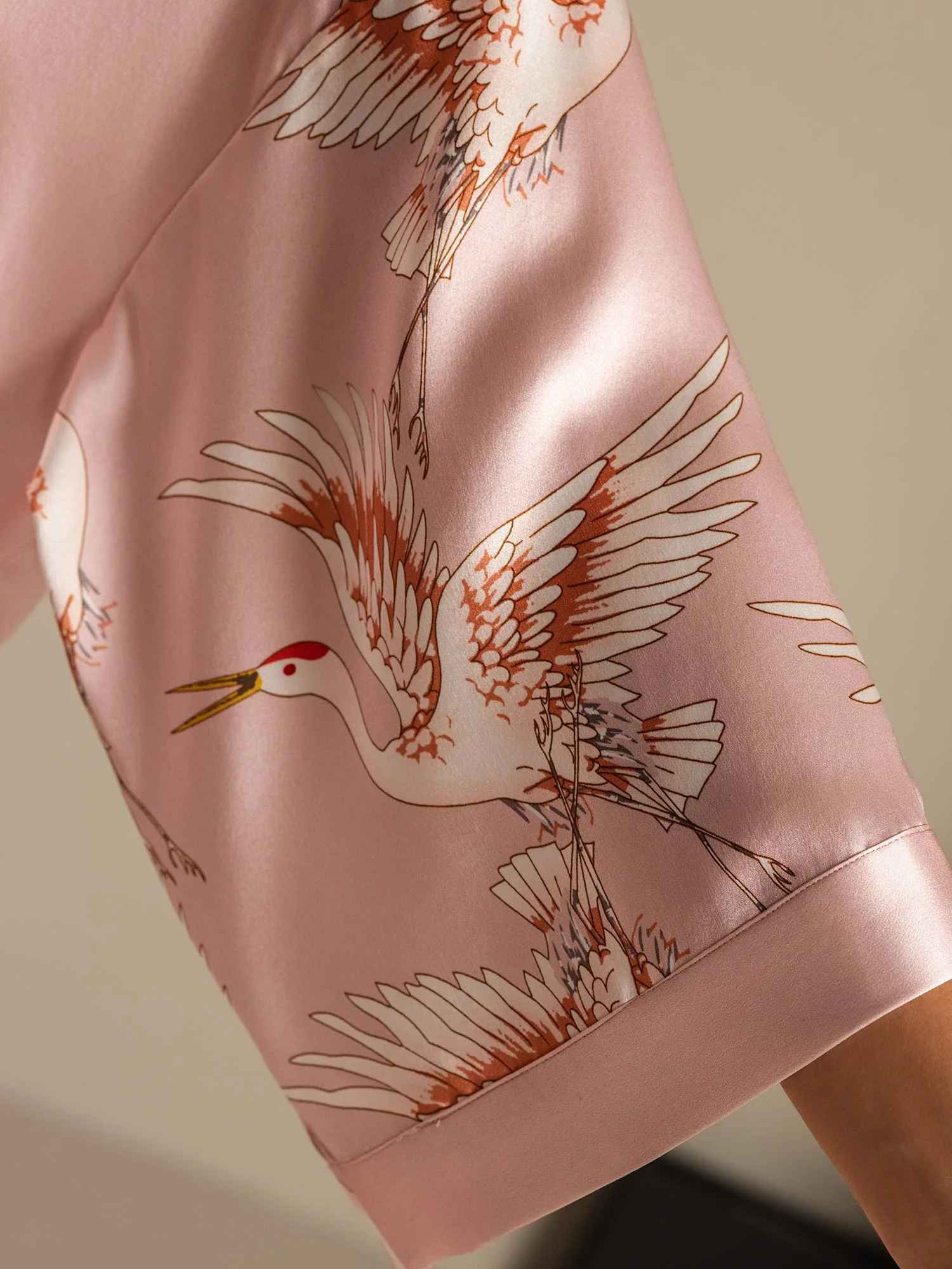 19Momme Pure Silk Crane Print 3/4 Sleeve Short Women's Kimono Robe - Image 15
