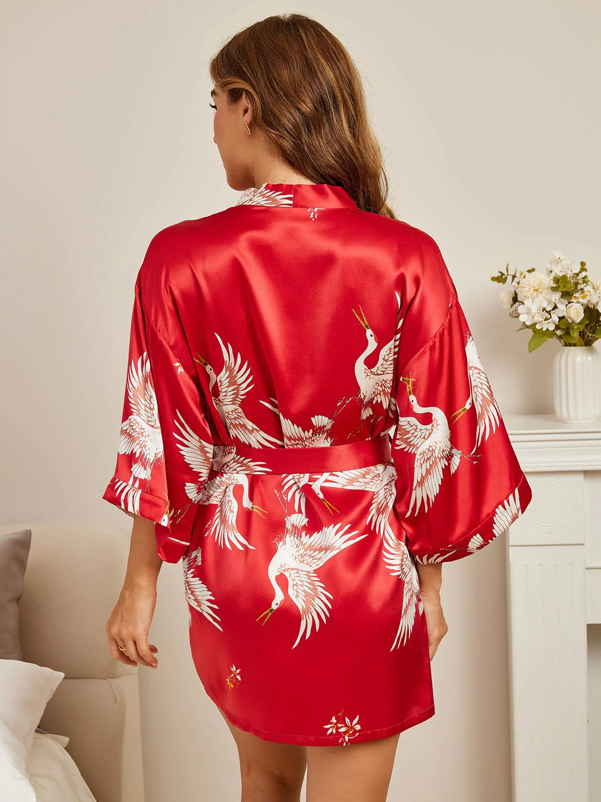 19Momme Pure Silk Crane Print 3/4 Sleeve Short Women's Kimono Robe - Image 21