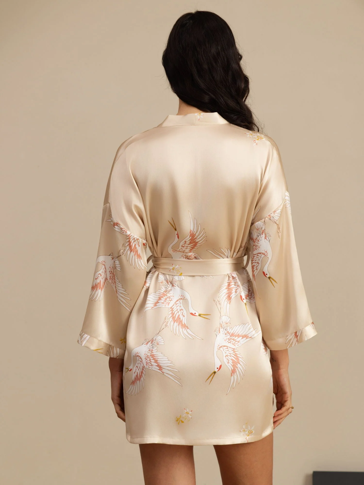 19Momme Pure Silk Crane Print 3/4 Sleeve Short Women's Kimono Robe - Image 32