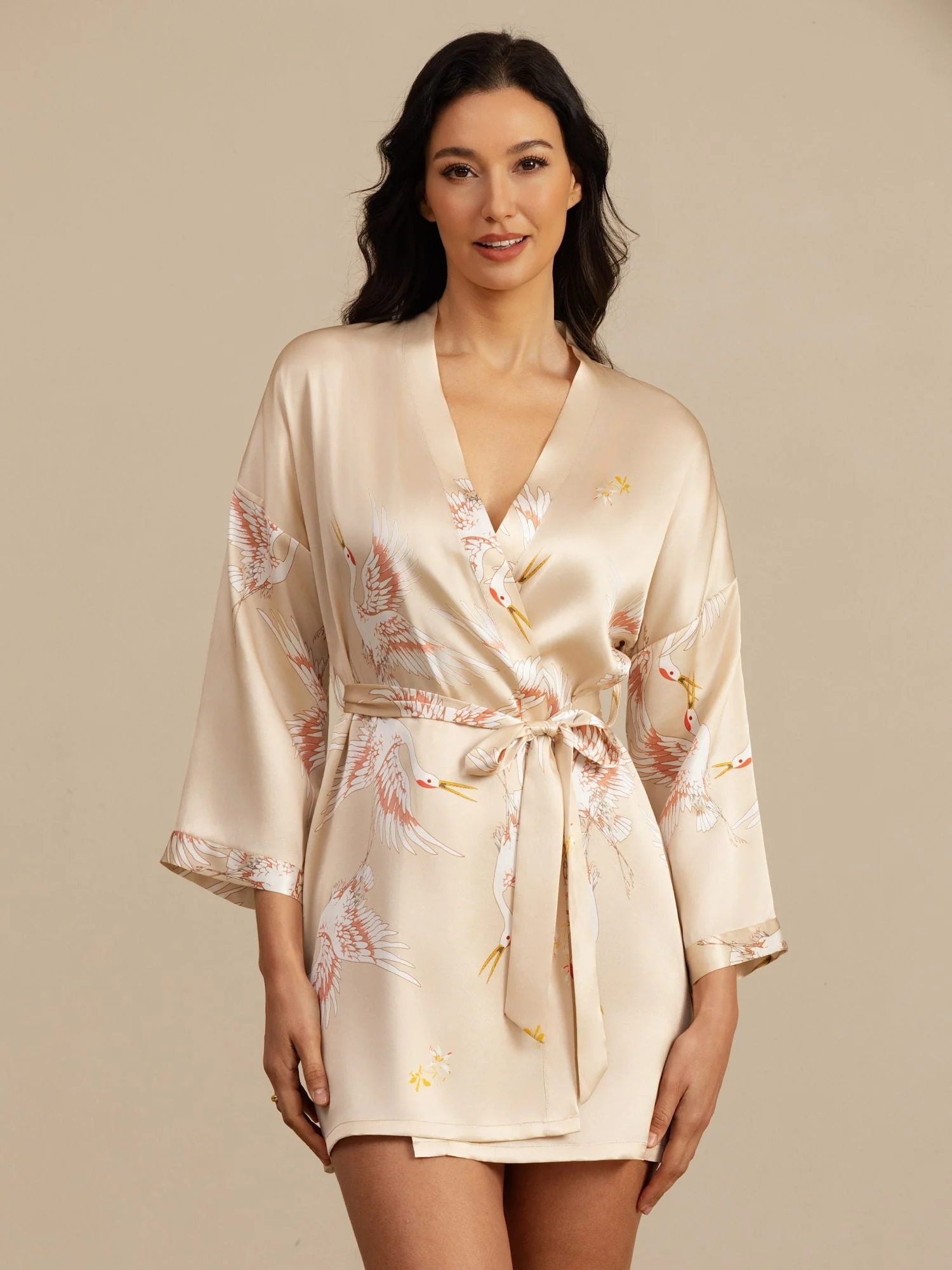 19Momme Pure Silk Crane Print 3/4 Sleeve Short Women's Kimono Robe - Image 36
