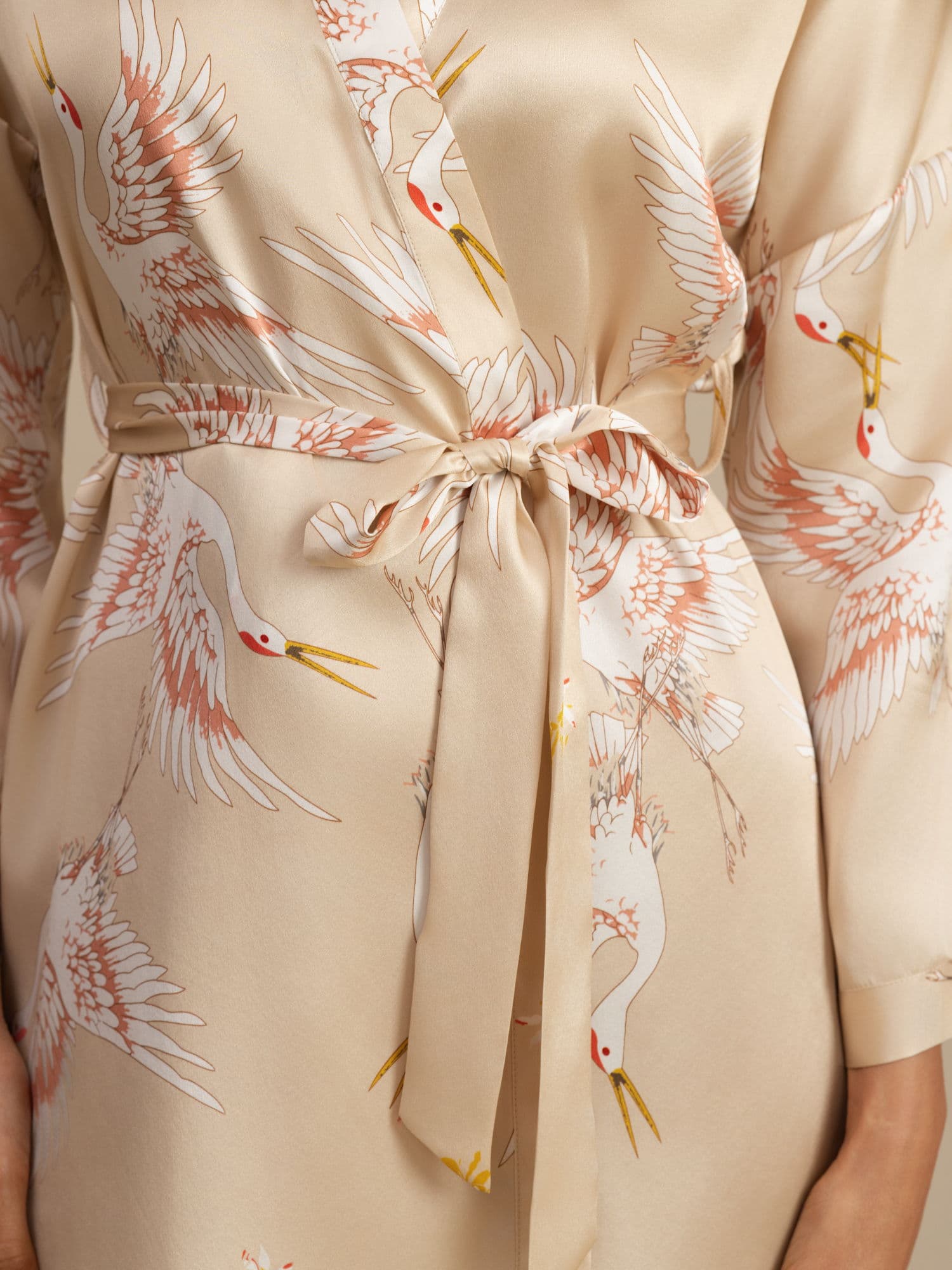 19Momme Pure Silk Crane Print 3/4 Sleeve Short Women's Kimono Robe - Image 37