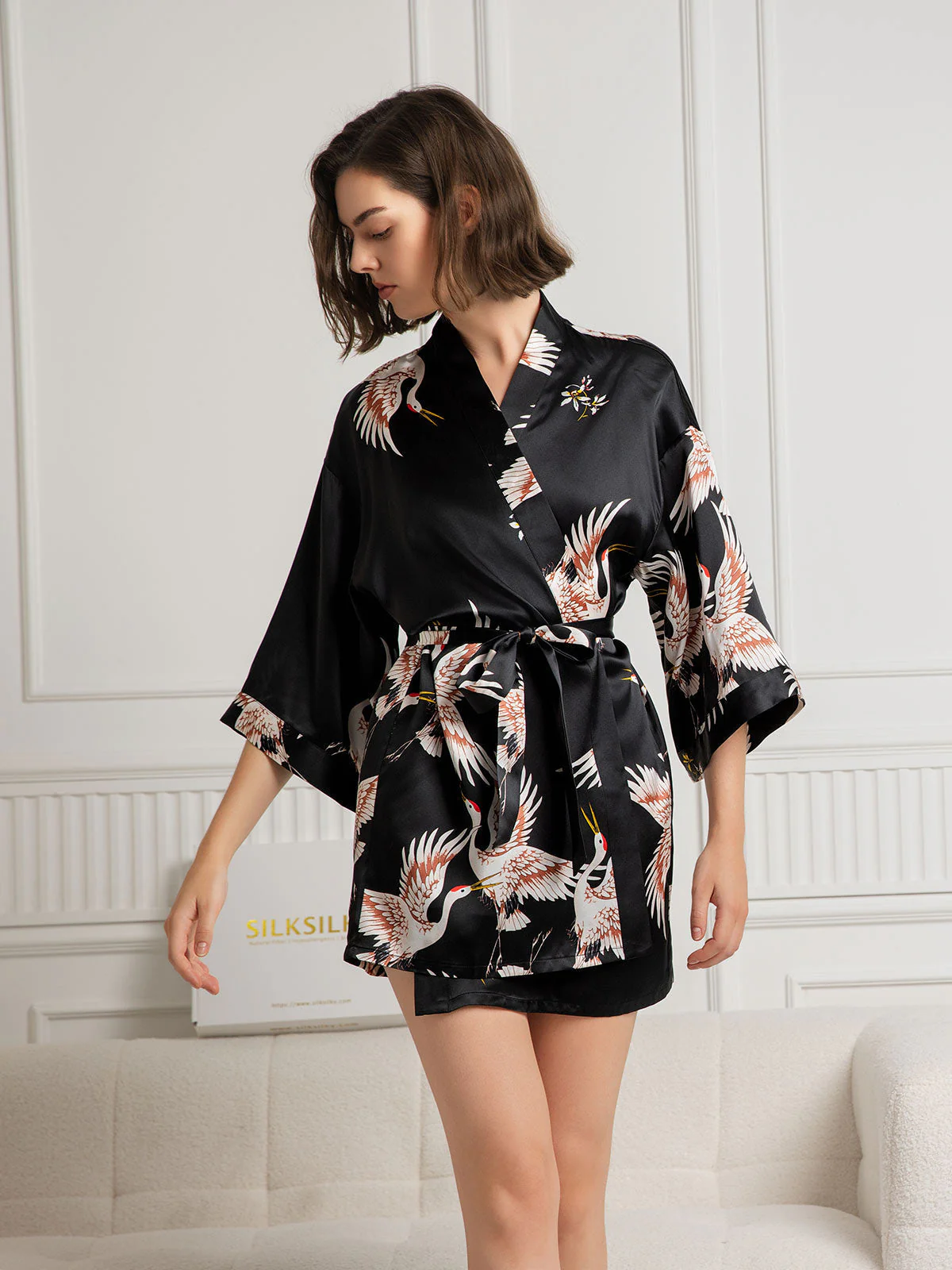 19Momme Pure Silk Crane Print 3/4 Sleeve Short Women's Kimono Robe - Image 7