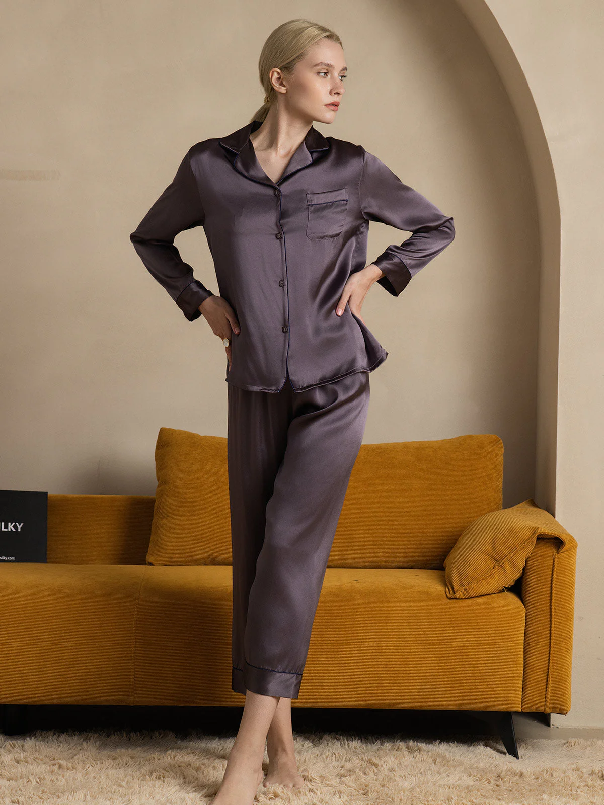Pure Silk Long Sleeve Button Up Women's Pyjamas Set - Image 45