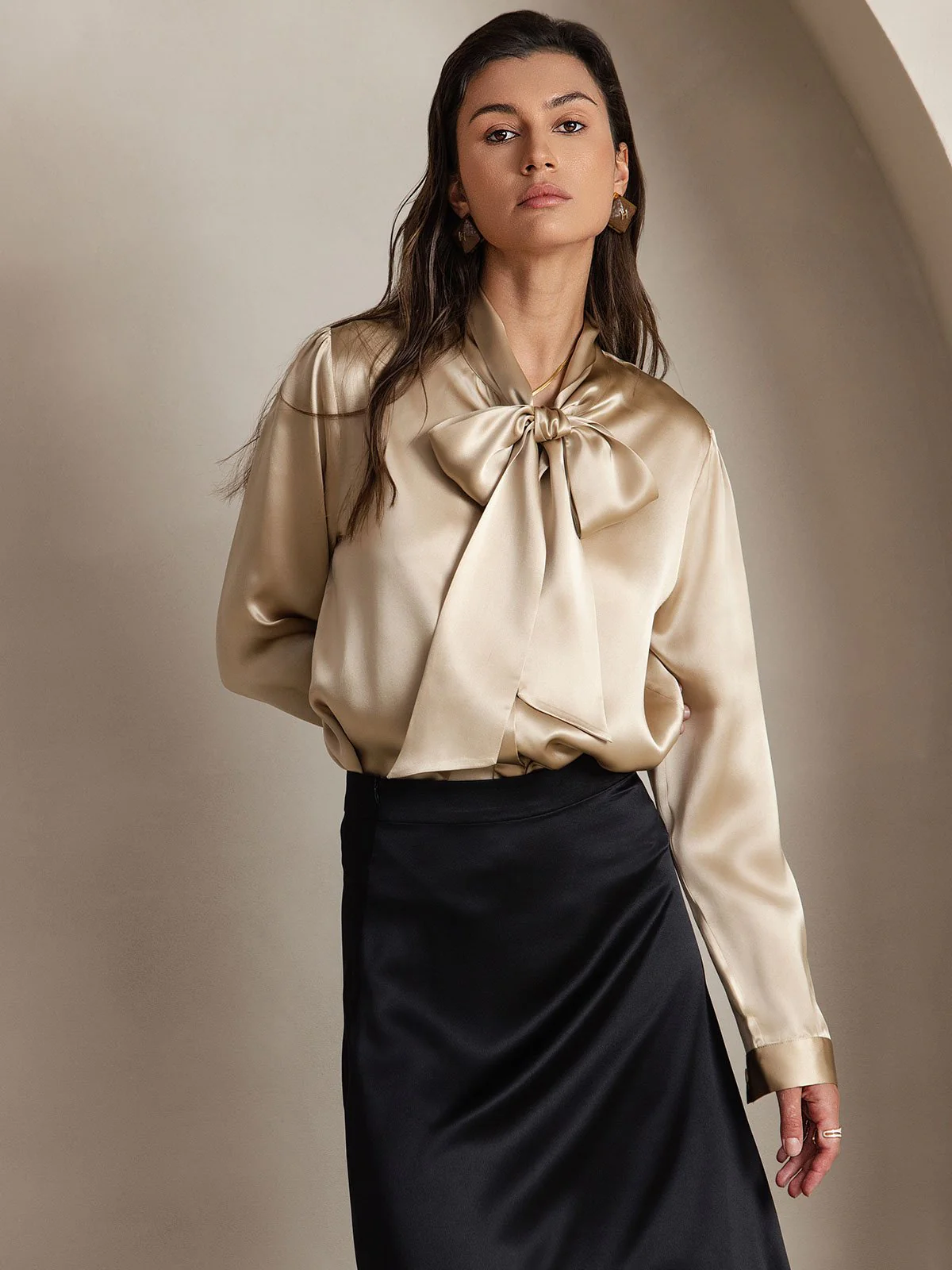 19Momme Silk Long Sleeve Tie Neck Blouse - Image 11