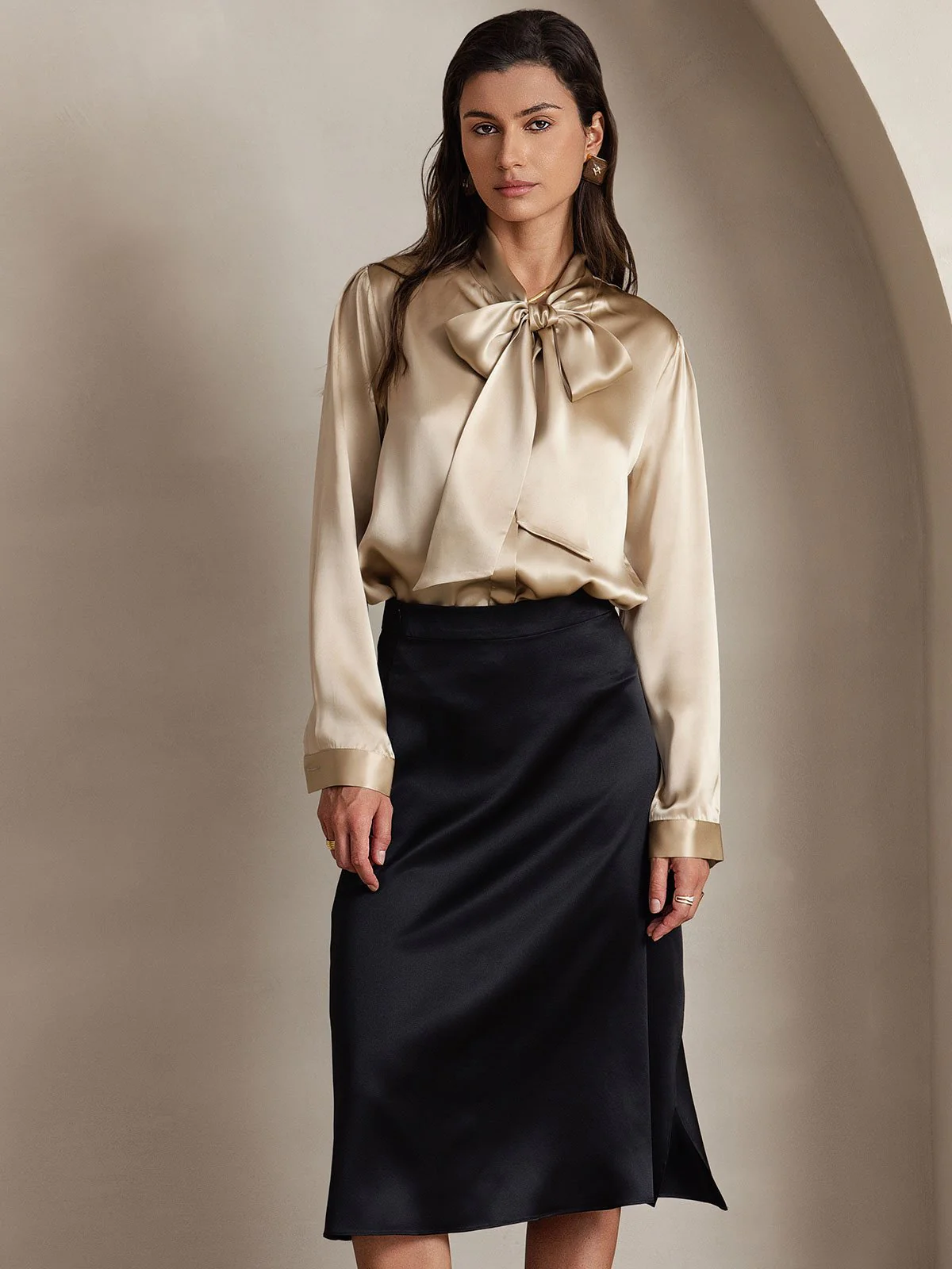 19Momme Silk Long Sleeve Tie Neck Blouse - Image 13