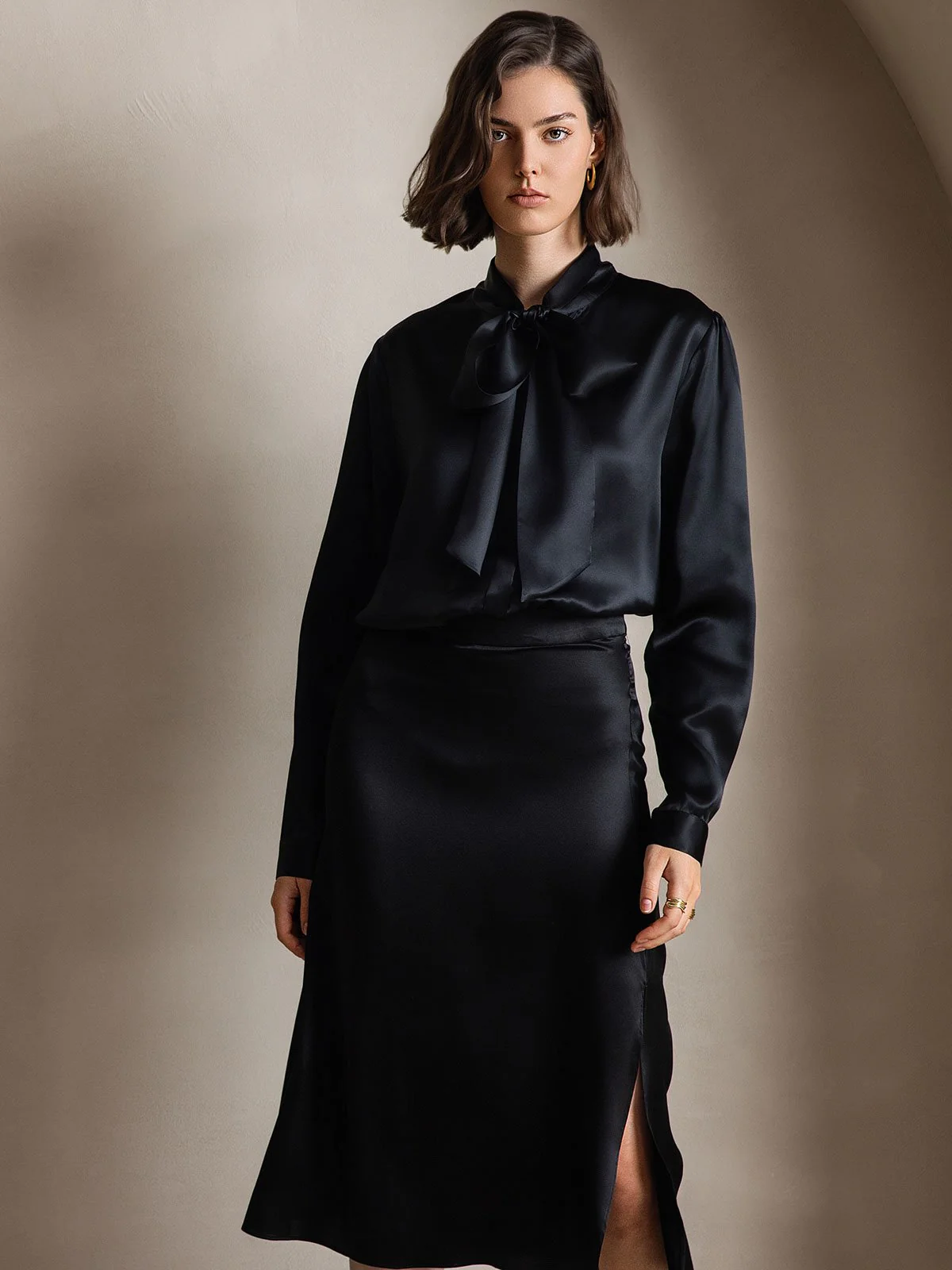 19Momme Silk Long Sleeve Tie Neck Blouse - Image 17