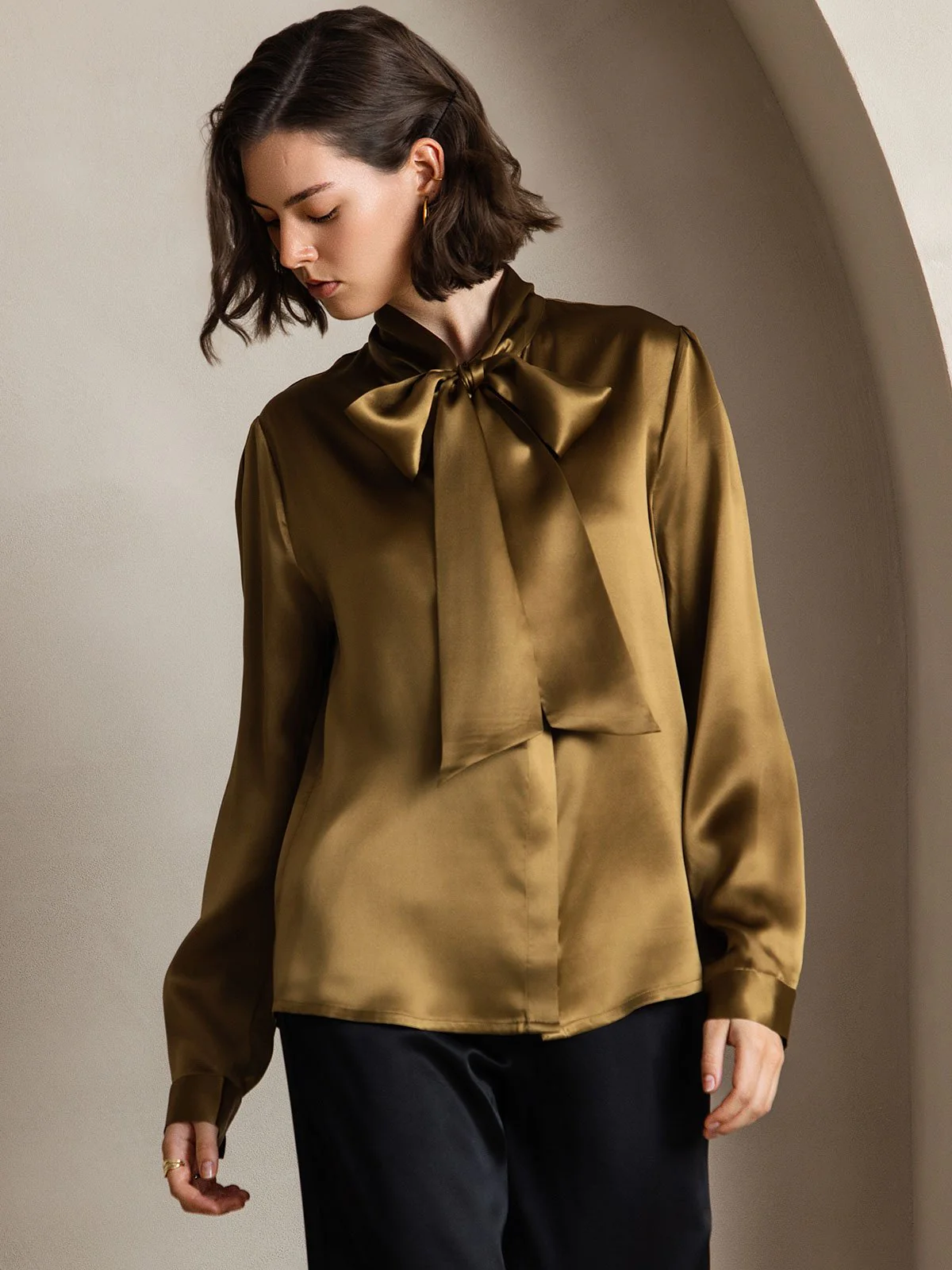 19Momme Silk Long Sleeve Tie Neck Blouse - Image 35