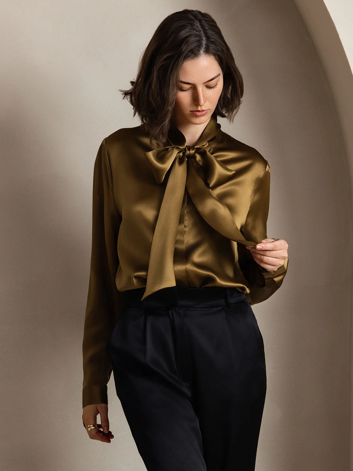19Momme Silk Long Sleeve Tie Neck Blouse - Image 38