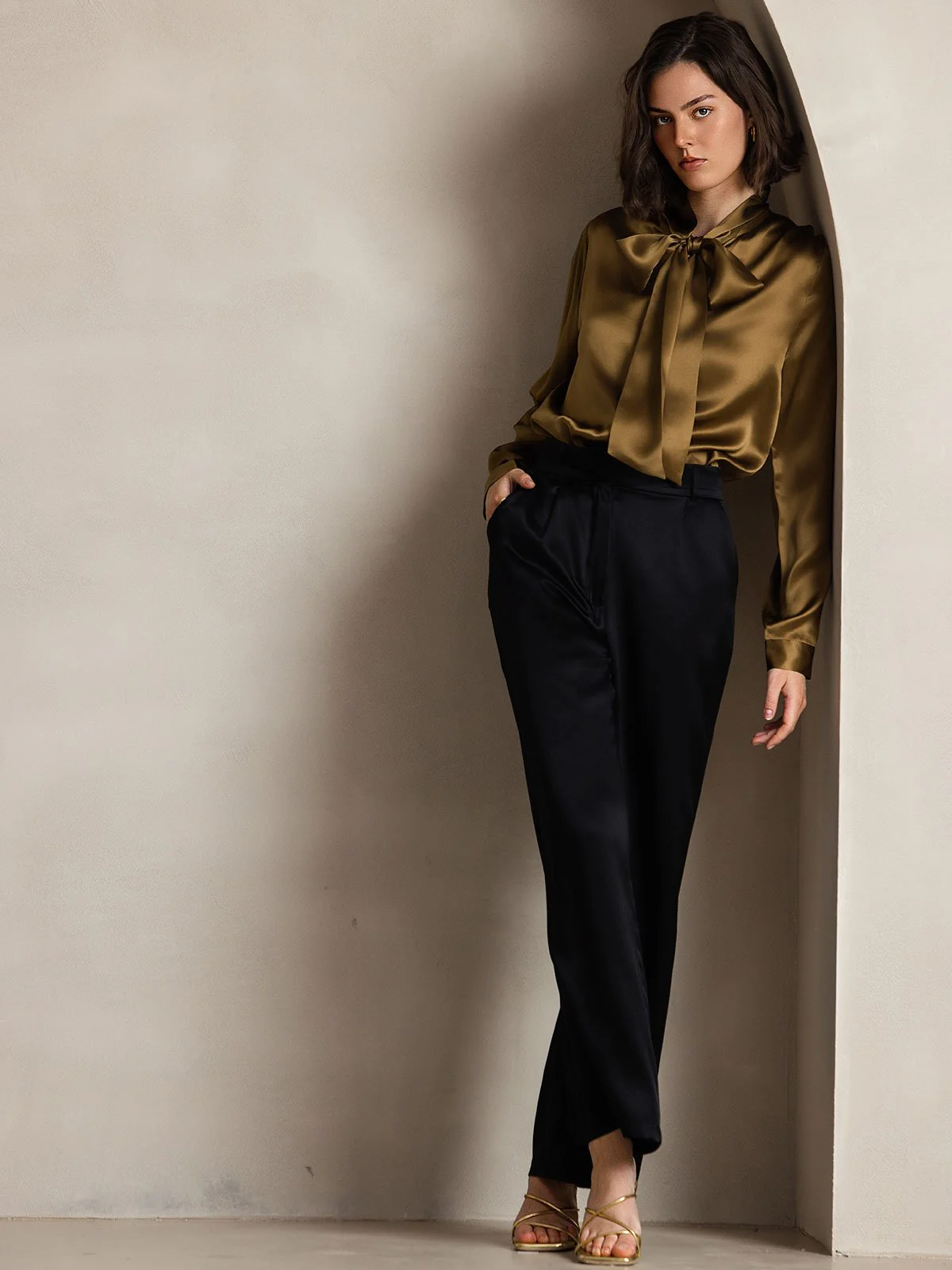 19Momme Silk Long Sleeve Tie Neck Blouse - Image 42