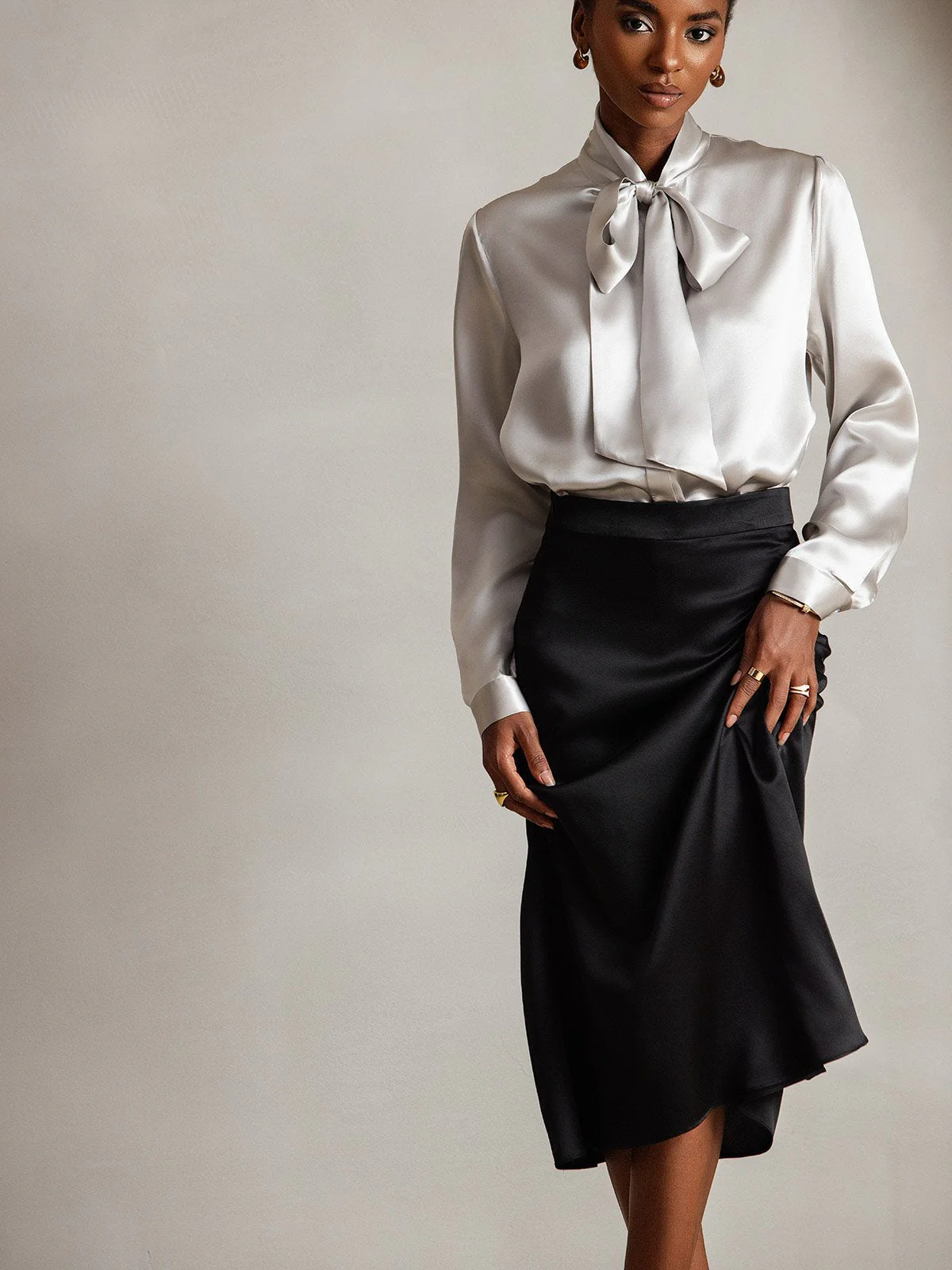19Momme Silk Long Sleeve Tie Neck Blouse - Image 43